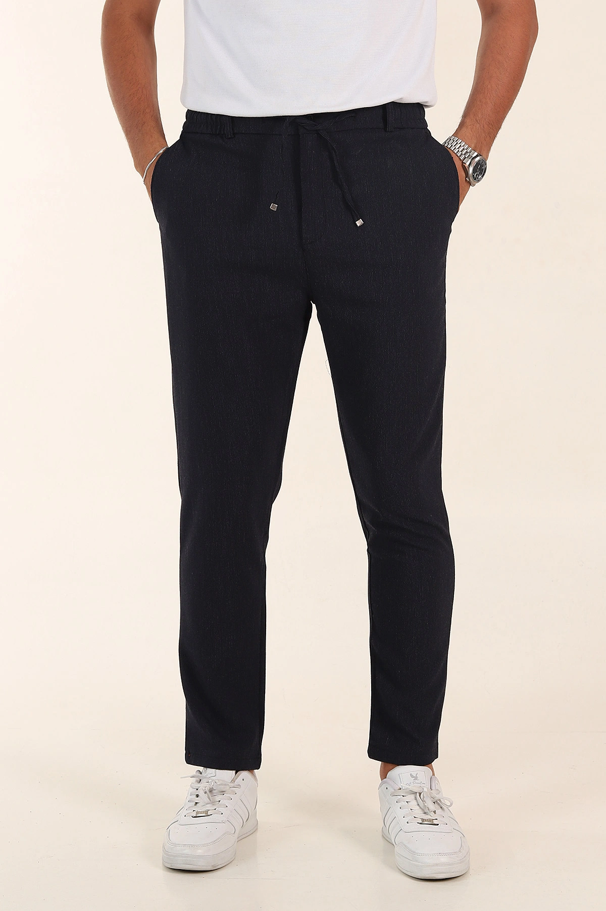 Lacivert Regular Fit Dokulu Bel Lastikli Erkek Pantolon 382285