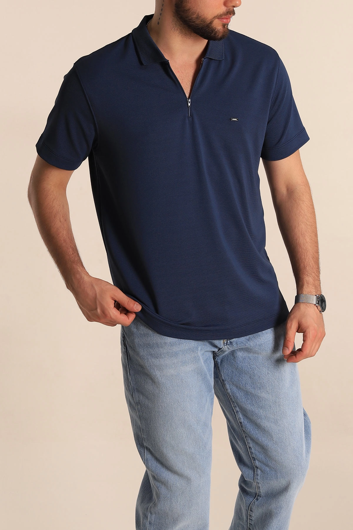 Lacivert Regular Fit Dokulu Fermuarlı Polo Yaka Erkek Tişört 277199