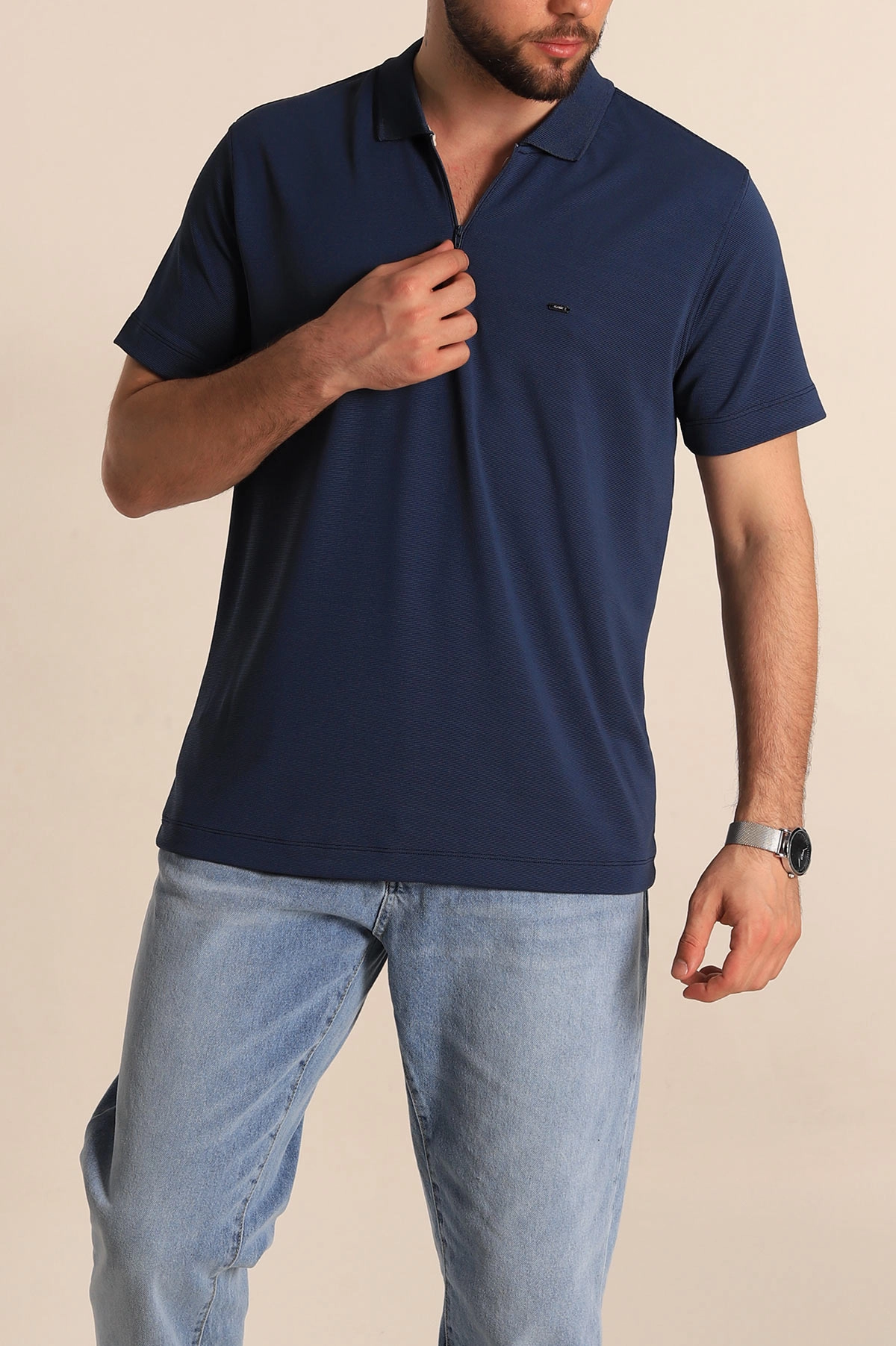 Lacivert Regular Fit Dokulu Fermuarlı Polo Yaka Erkek Tişört 277199