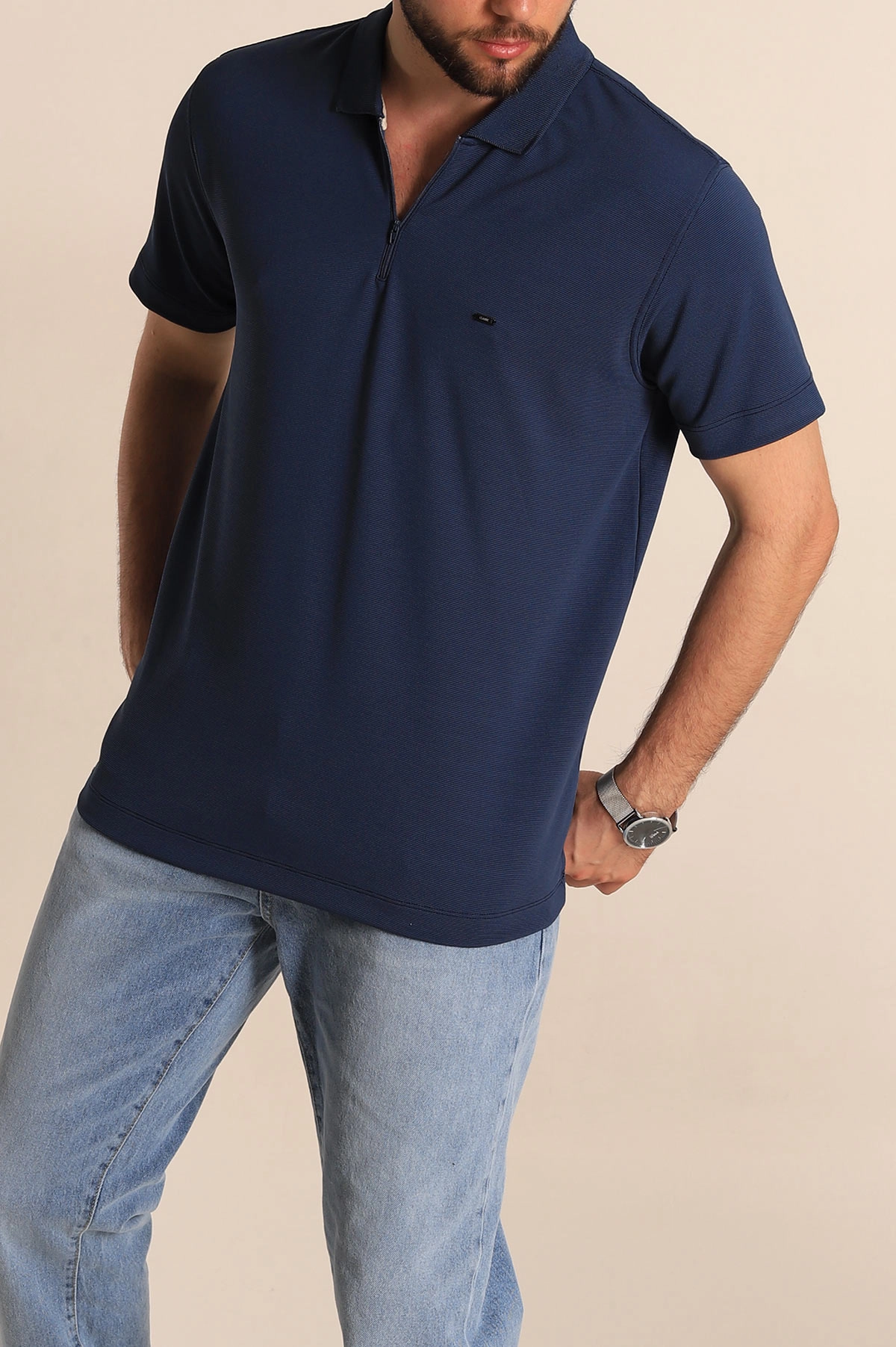 Lacivert Regular Fit Dokulu Fermuarlı Polo Yaka Erkek Tişört 277199