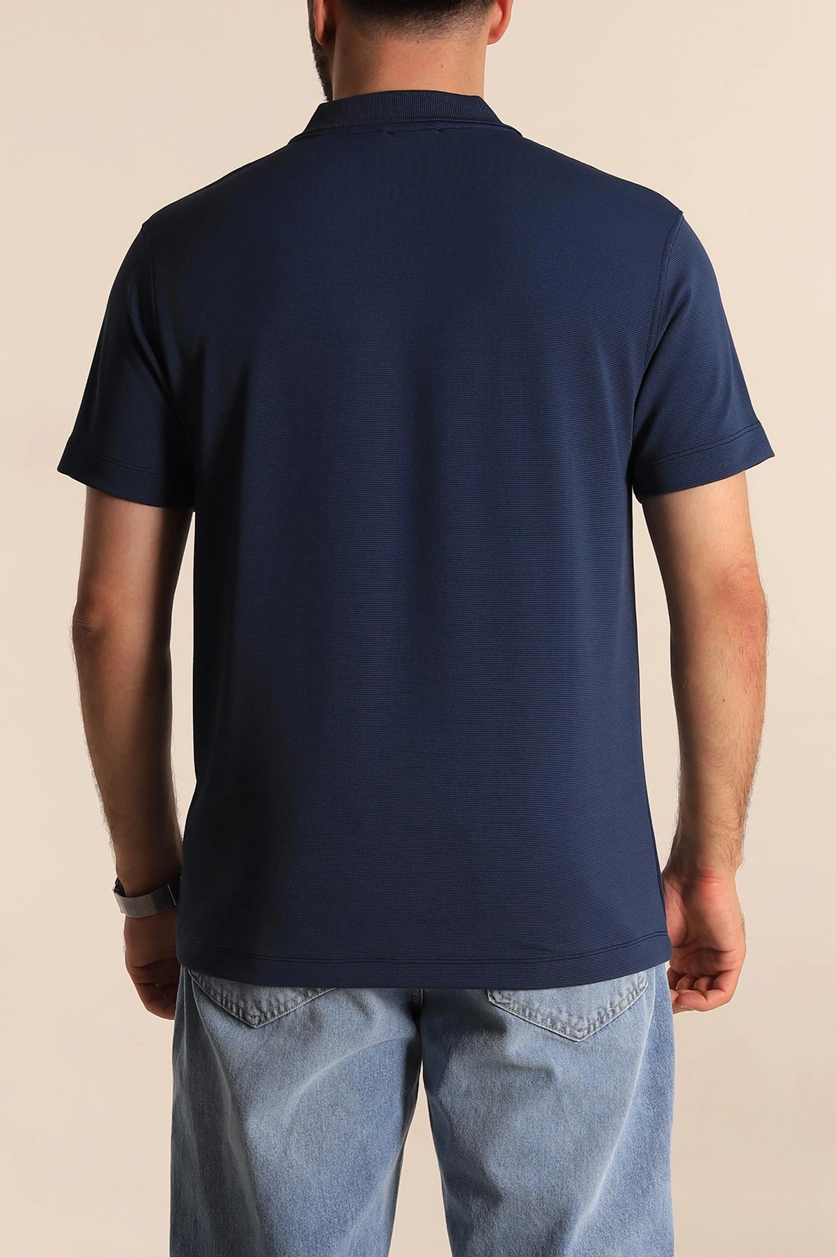 Lacivert Regular Fit Dokulu Fermuarlı Polo Yaka Erkek Tişört 277199