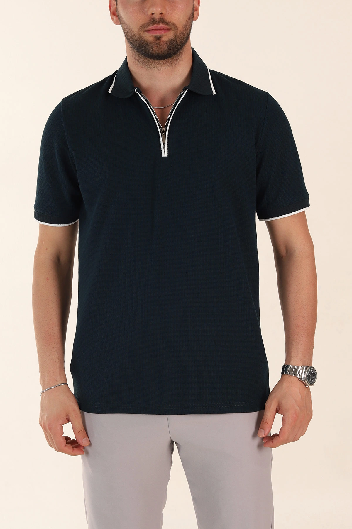 Lacivert Regular Fit Dokulu Polo Yaka Erkek Triko Tişört 369371