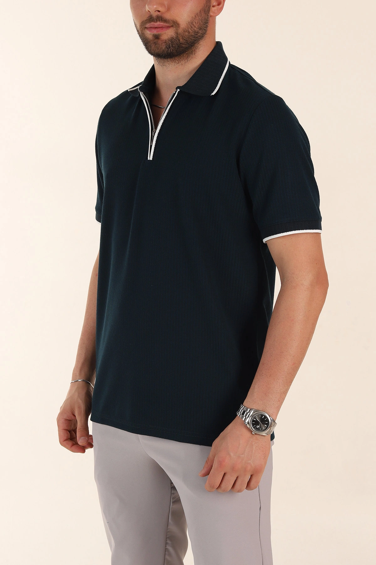Lacivert Regular Fit Dokulu Polo Yaka Erkek Triko Tişört 369371