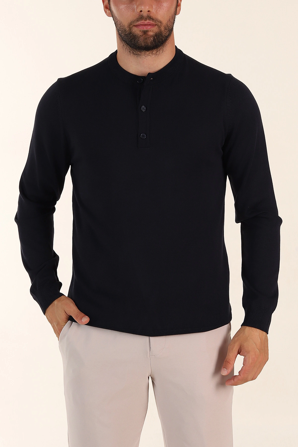 Lacivert Regular Fit Düğmeli Yaka Uzun Kollu Triko 393307