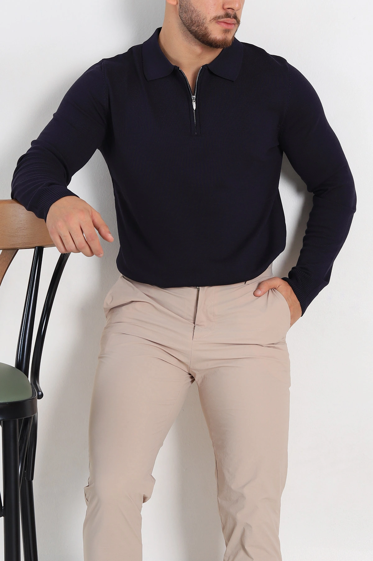 Lacivert Regular Fit Fermuarlı Polo Yaka Erkek İnce Triko 309188