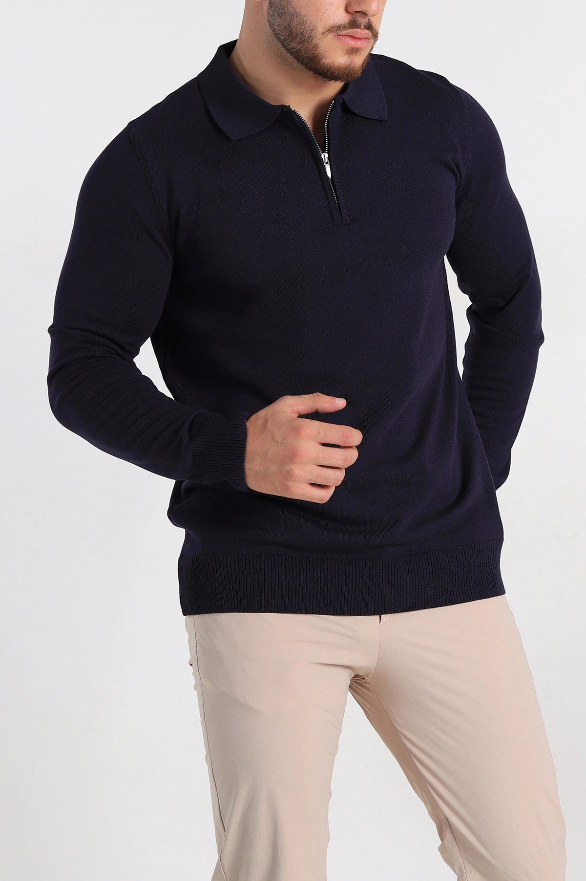 Lacivert Regular Fit Fermuarlı Polo Yaka Erkek İnce Triko 309188