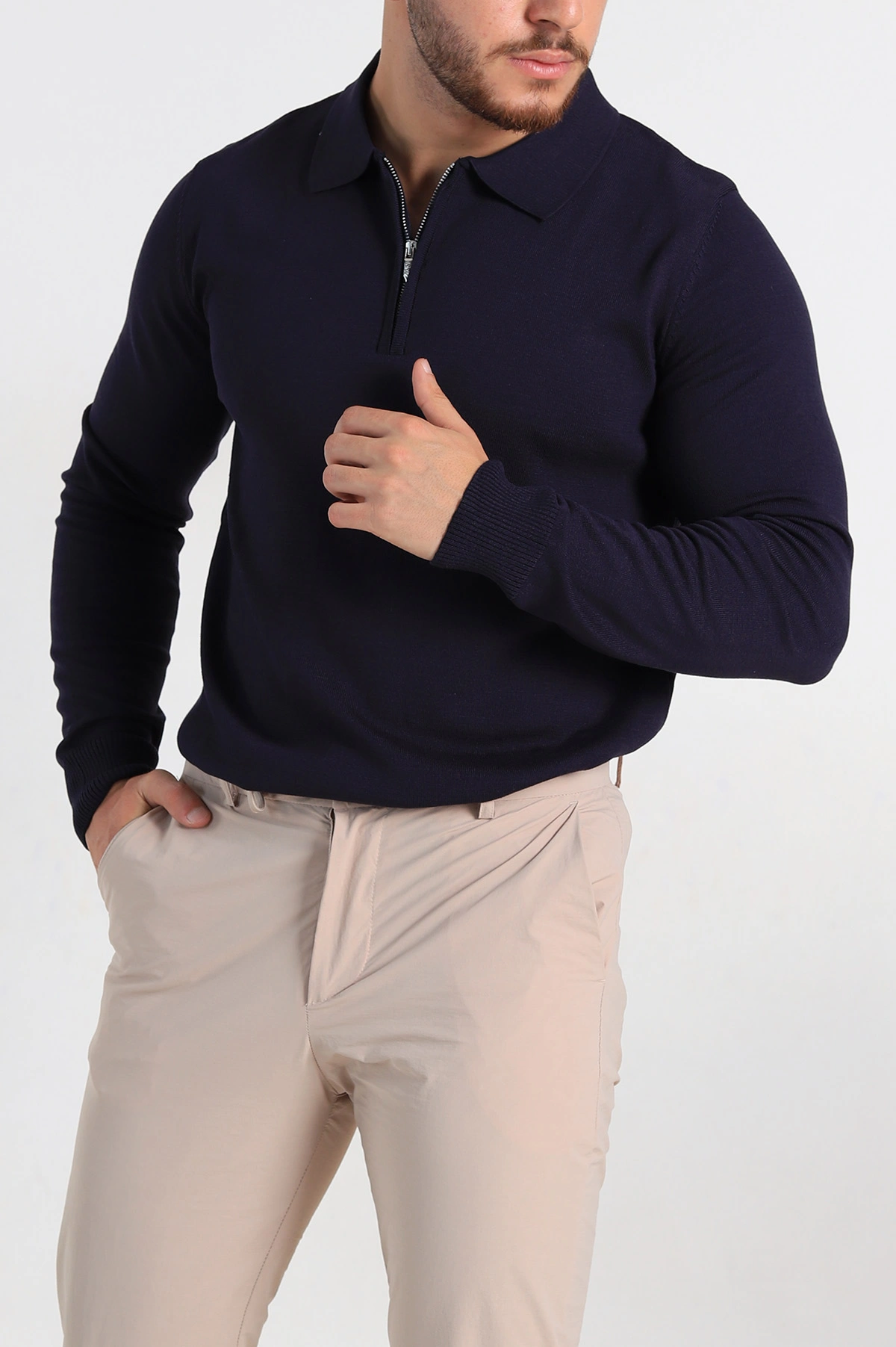 Lacivert Regular Fit Fermuarlı Polo Yaka Erkek İnce Triko 309188