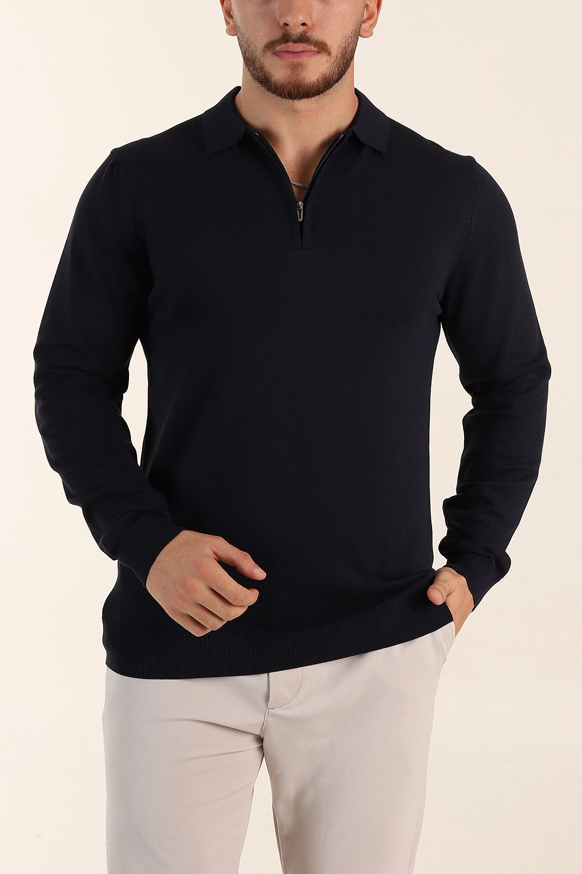 Lacivert Regular Fit Fermuarlı Polo Yaka Uzun Kollu Triko 393302