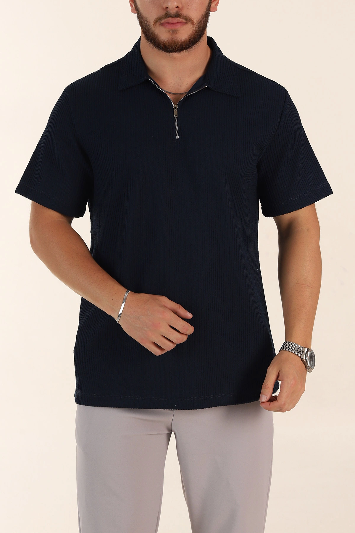 Lacivert Regular Fit Fitilli Doku Fermuarlı Polo Yaka Erkek Tişört 369059