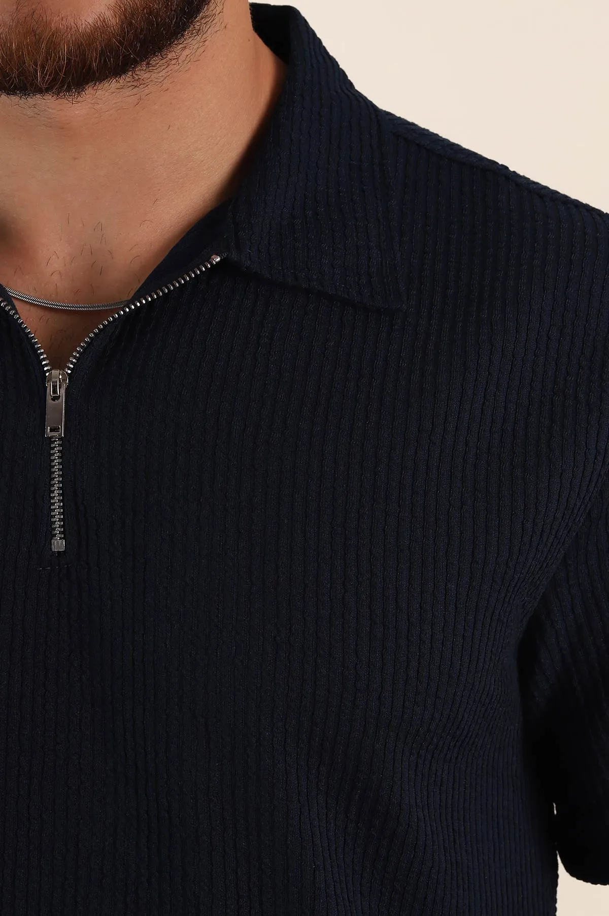 Lacivert Regular Fit Fitilli Doku Fermuarlı Polo Yaka Erkek Tişört 369059