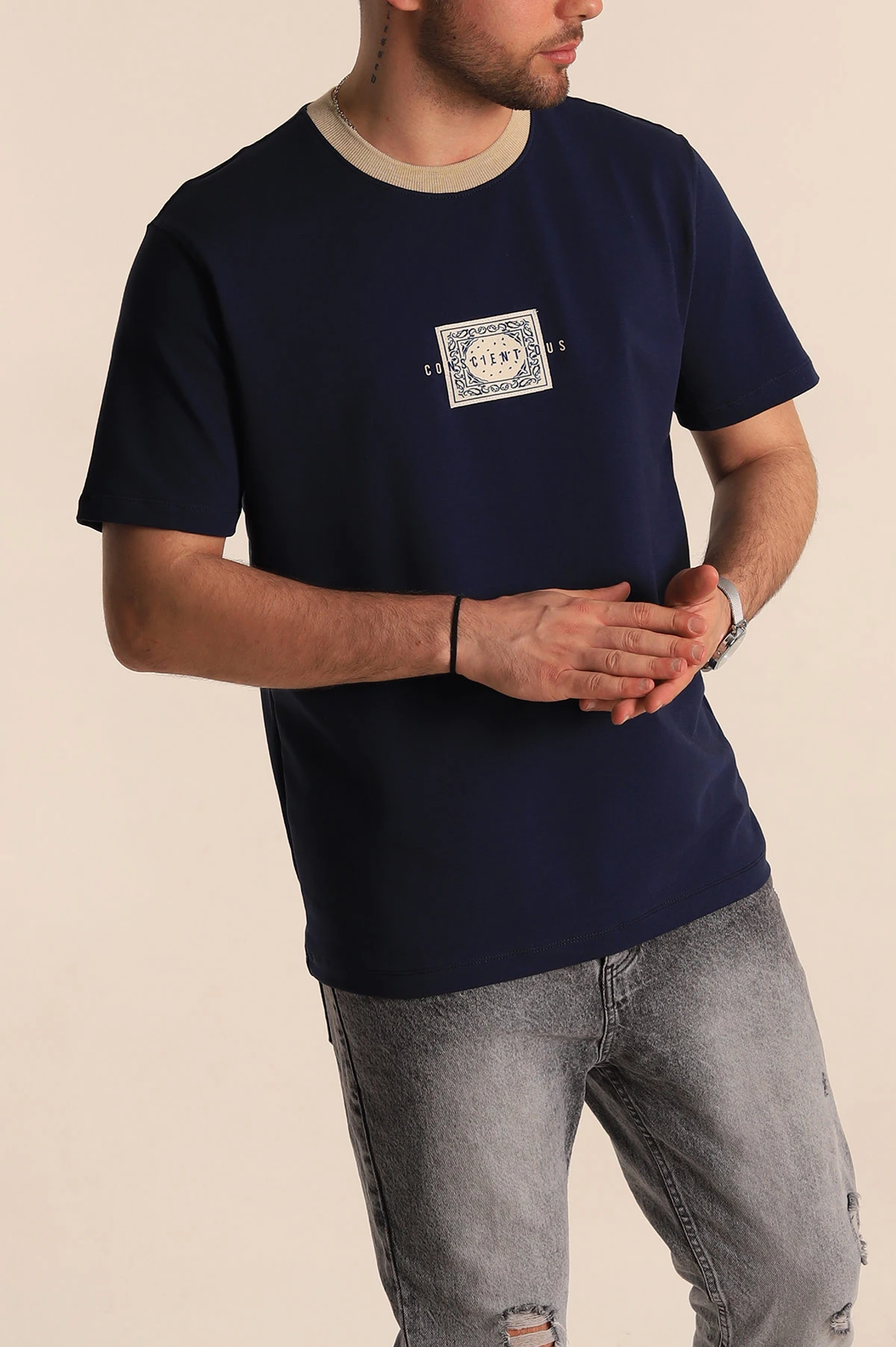 Lacivert Regular Fit Göğüs Baskılı Erkek Tişört 270635