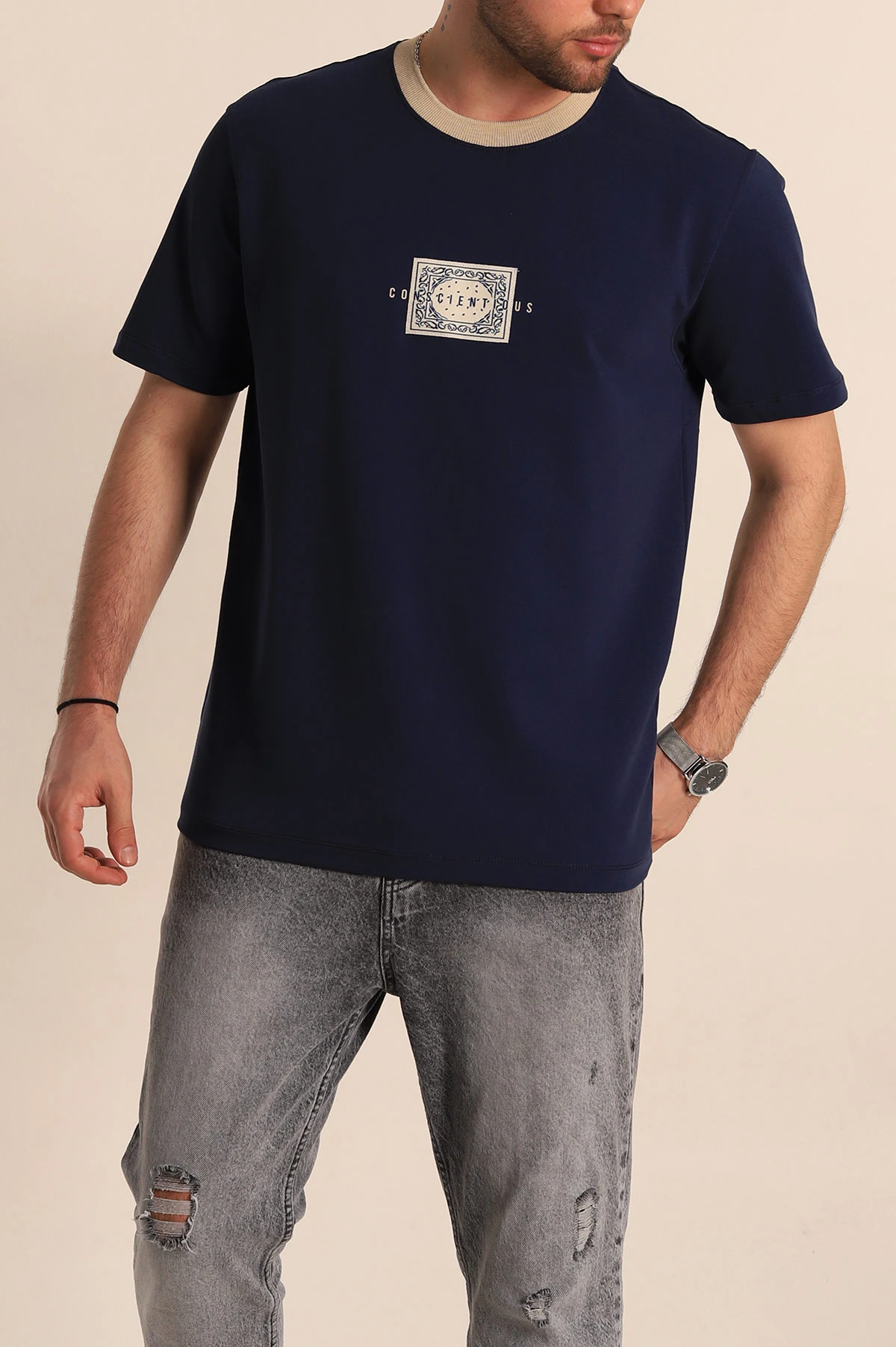 Lacivert Regular Fit Göğüs Baskılı Erkek Tişört 270635