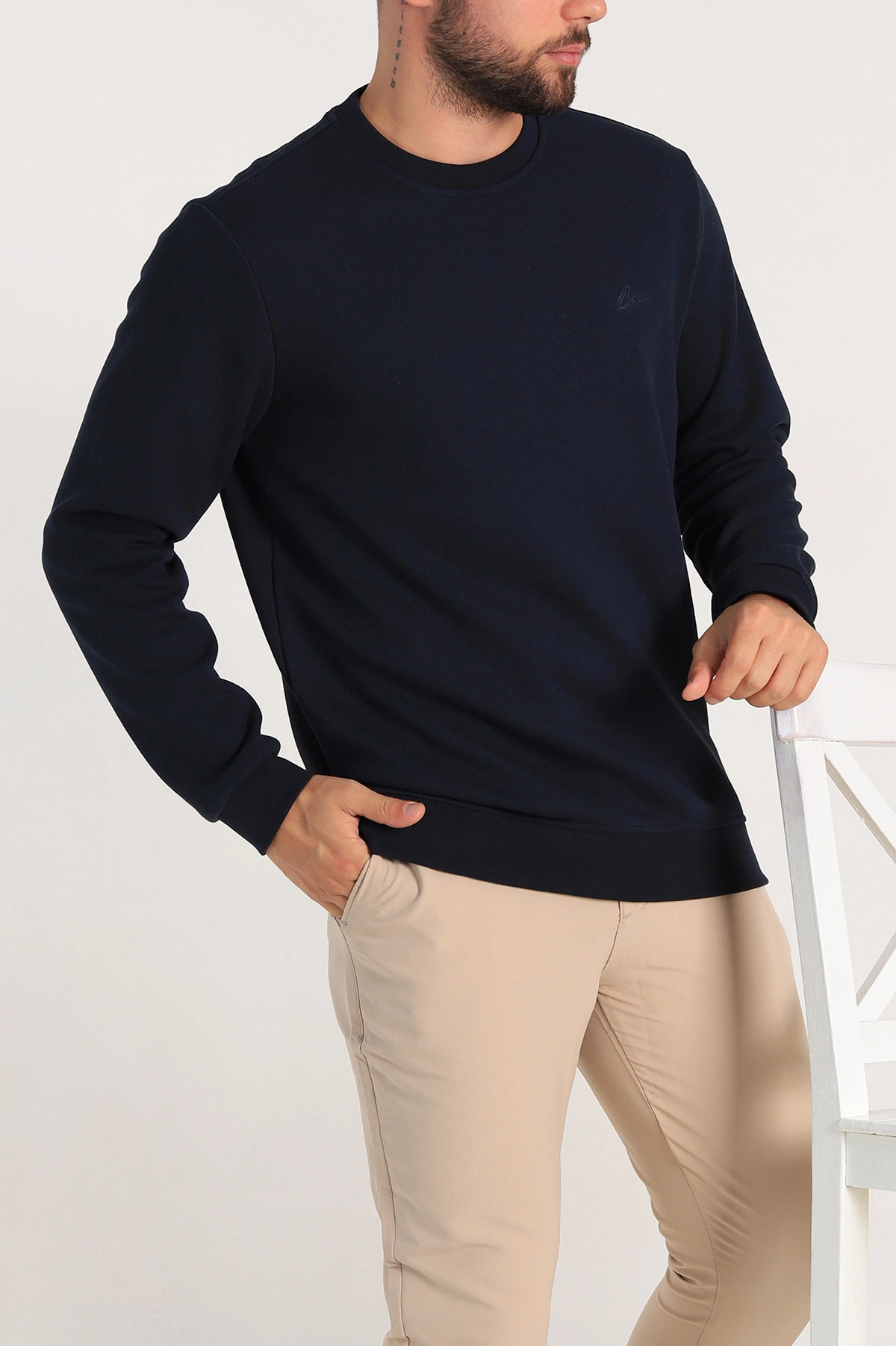 Lacivert Regular Fit İnterlok Kumaş Pike Doku Basic Erkek Sweatshirt 305429