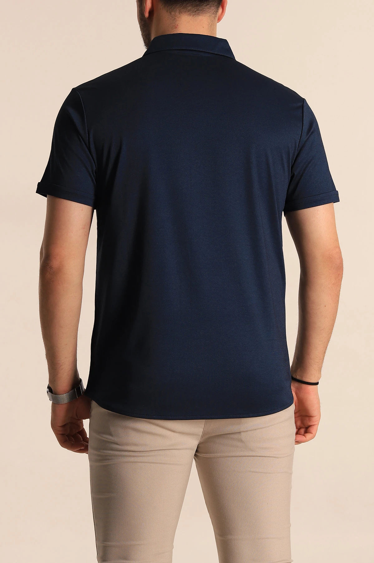 Lacivert Regular Fit Jakarlı Çıt Çıt Düğmeli Kısa Kollu Erkek Gömlek 263723