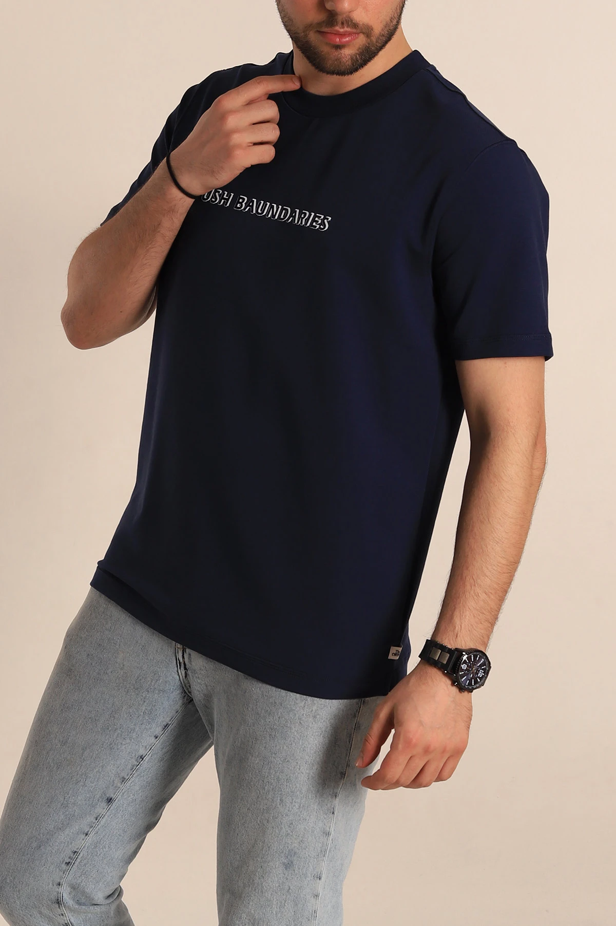 Lacivert Regular Fit Kabartma Yazılı Erkek Tişört 268125