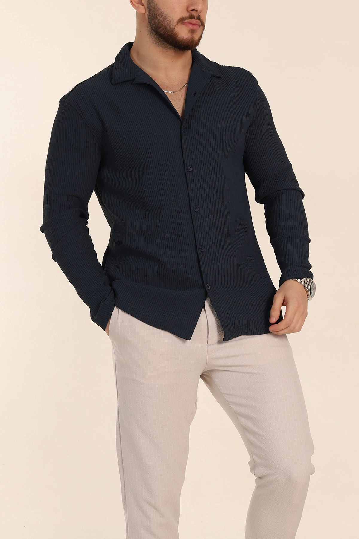 Lacivert Regular Fit Kalın Fitilli Doku Erkek Gömlek 352015
