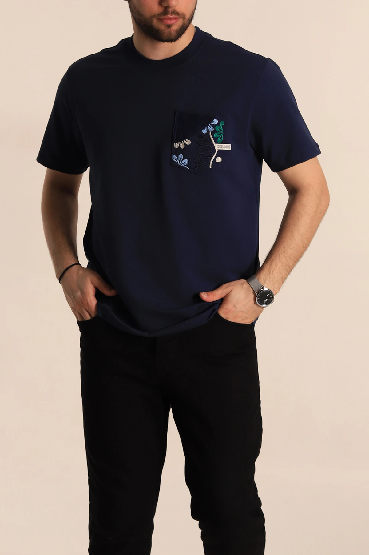 Lacivert Regular Fit Nakışlı Cep Detaylı Erkek Tişört 270644