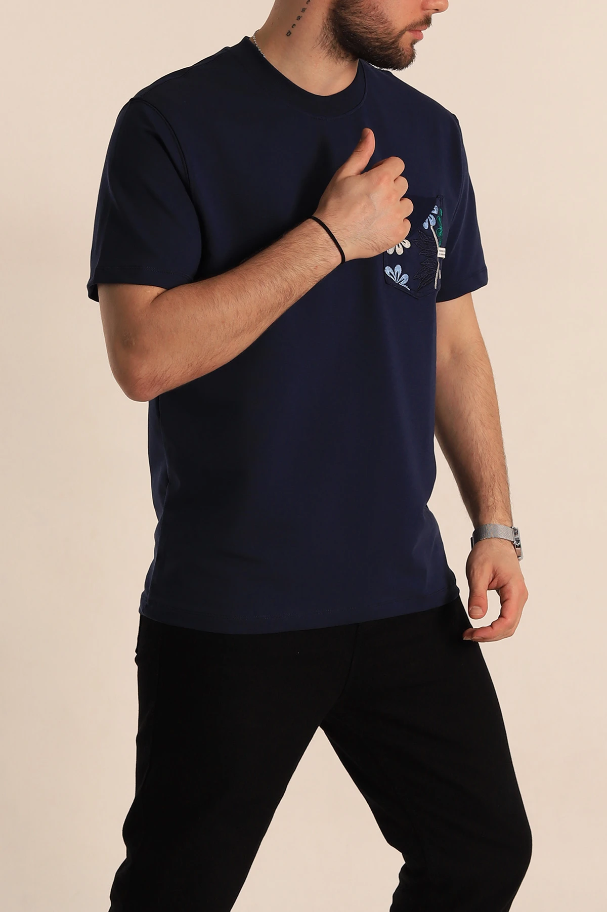 Lacivert Regular Fit Nakışlı Cep Detaylı Erkek Tişört 270644
