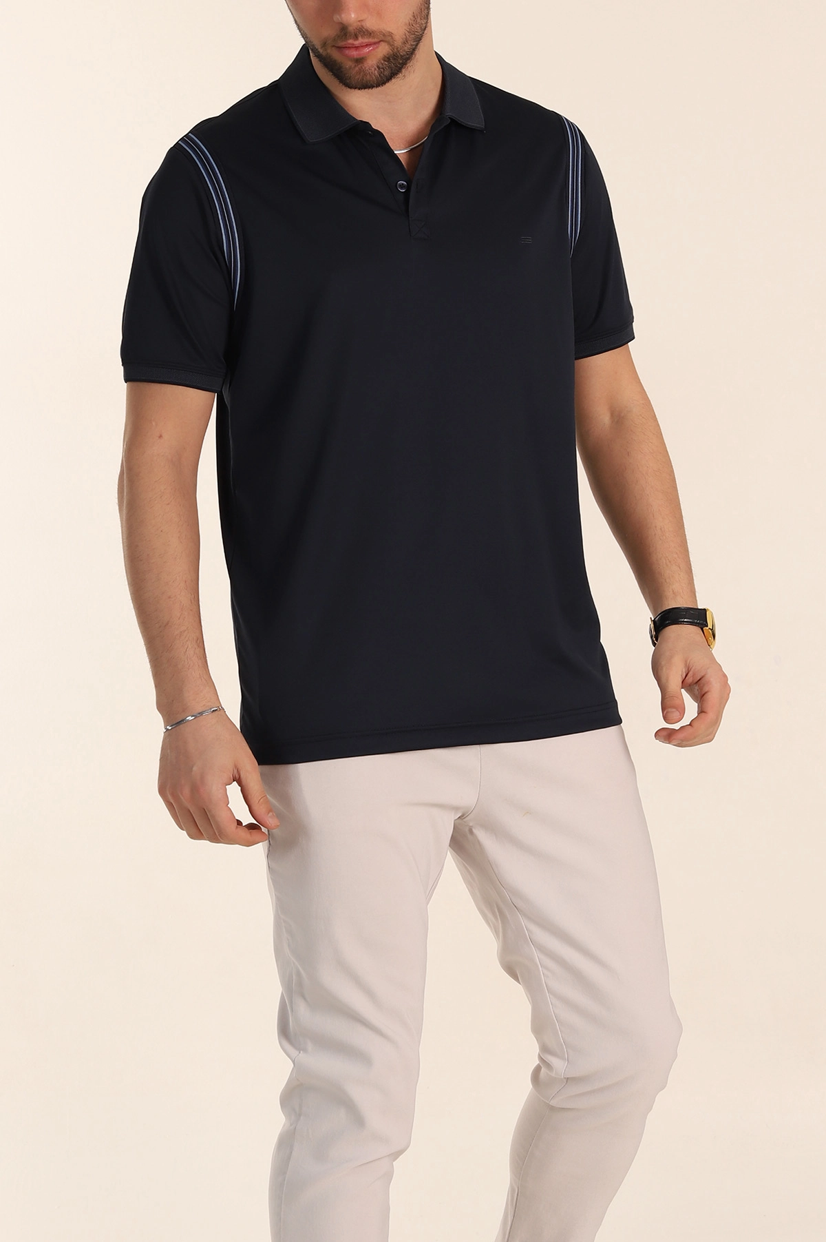 Lacivert Regular Fit Omuz Şerit Detaylı Polo Yaka Erkek Tişört 338461