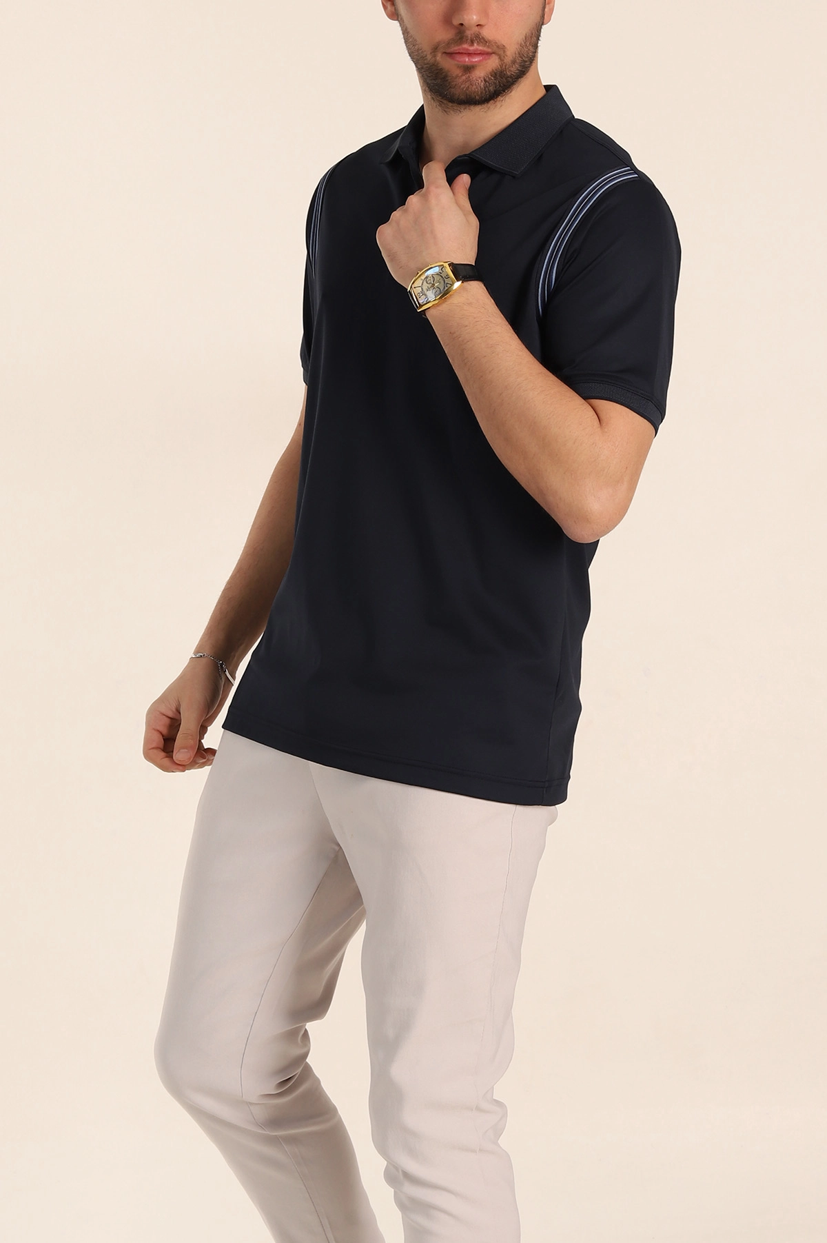 Lacivert Regular Fit Omuz Şerit Detaylı Polo Yaka Erkek Tişört 338461