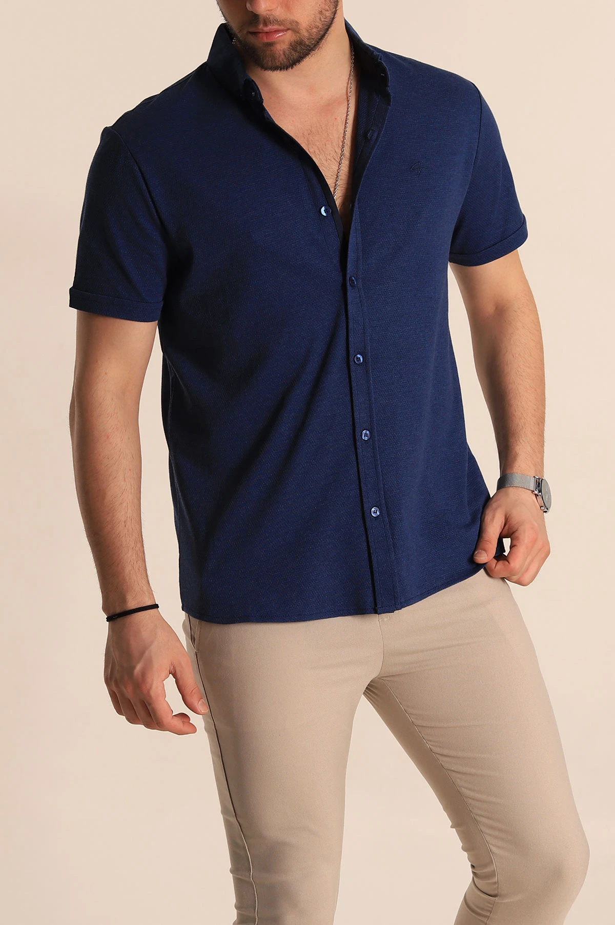Lacivert Regular Fit Petek Dokulu Kısa Kollu Erkek Gömlek 263715