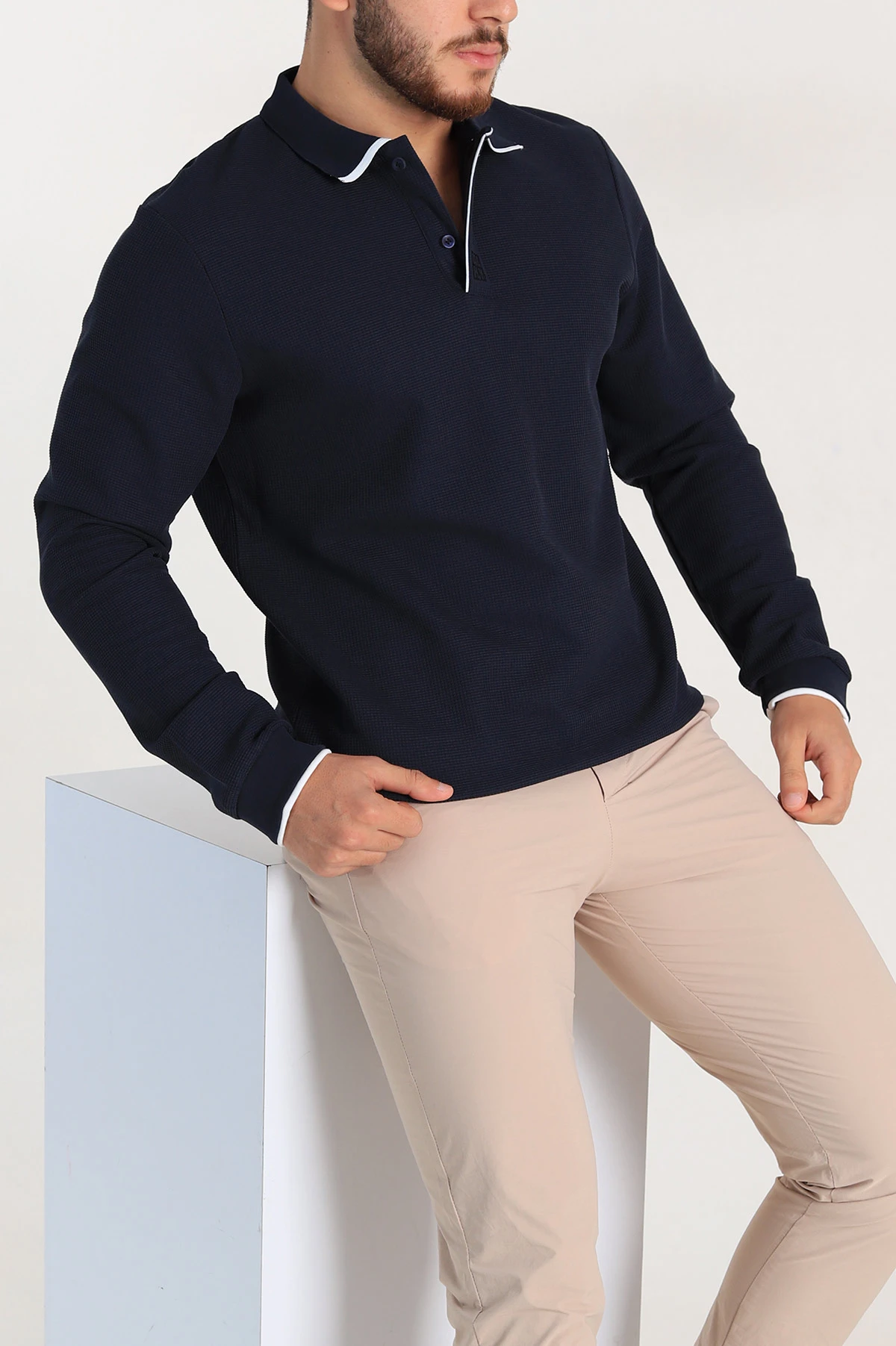 Lacivert Regular Fit Pike Dokulu Polo Yaka Sweatshirt 305445