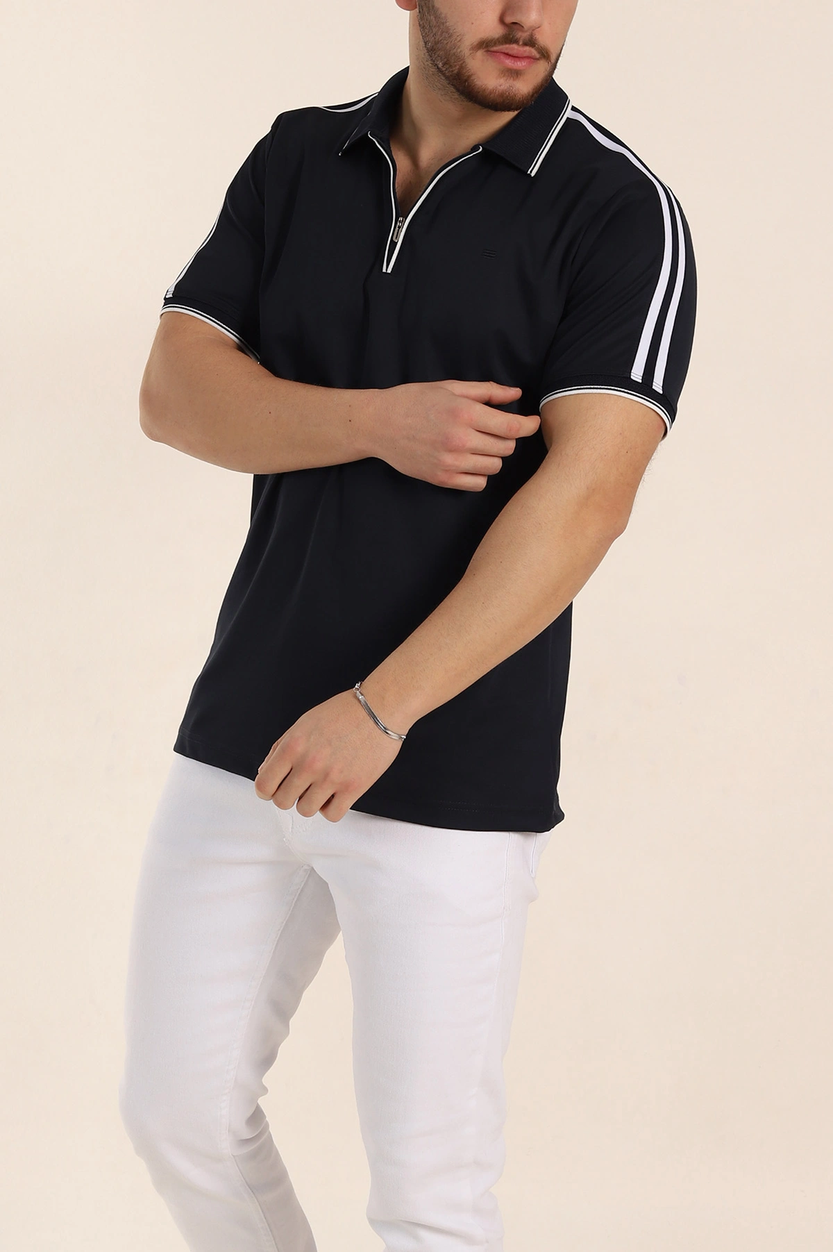 Lacivert Regular Fit Şerit Detaylı Polo Yaka Erkek Tişört 338448