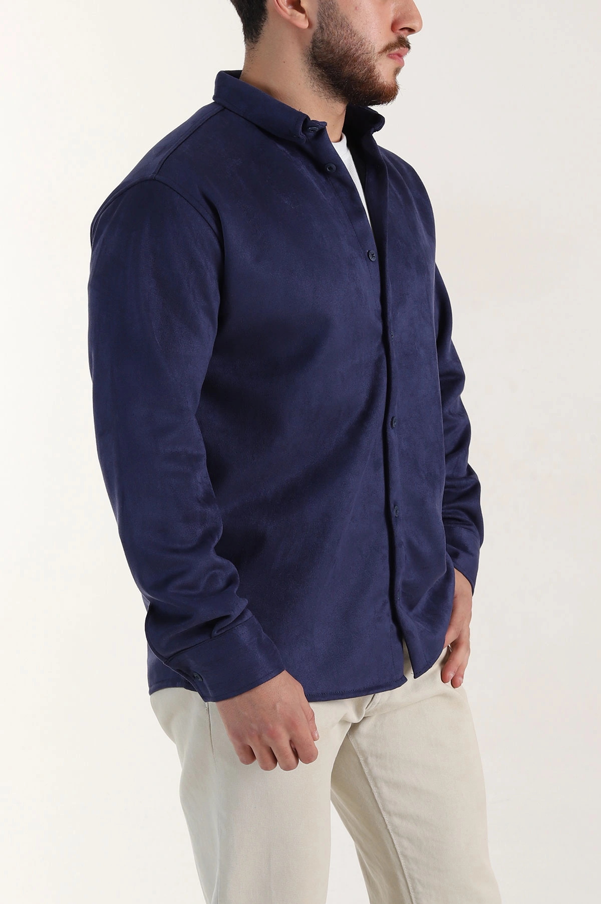 Lacivert Regular Fit Süet Ata Yaka Erkek Gömlek 400041