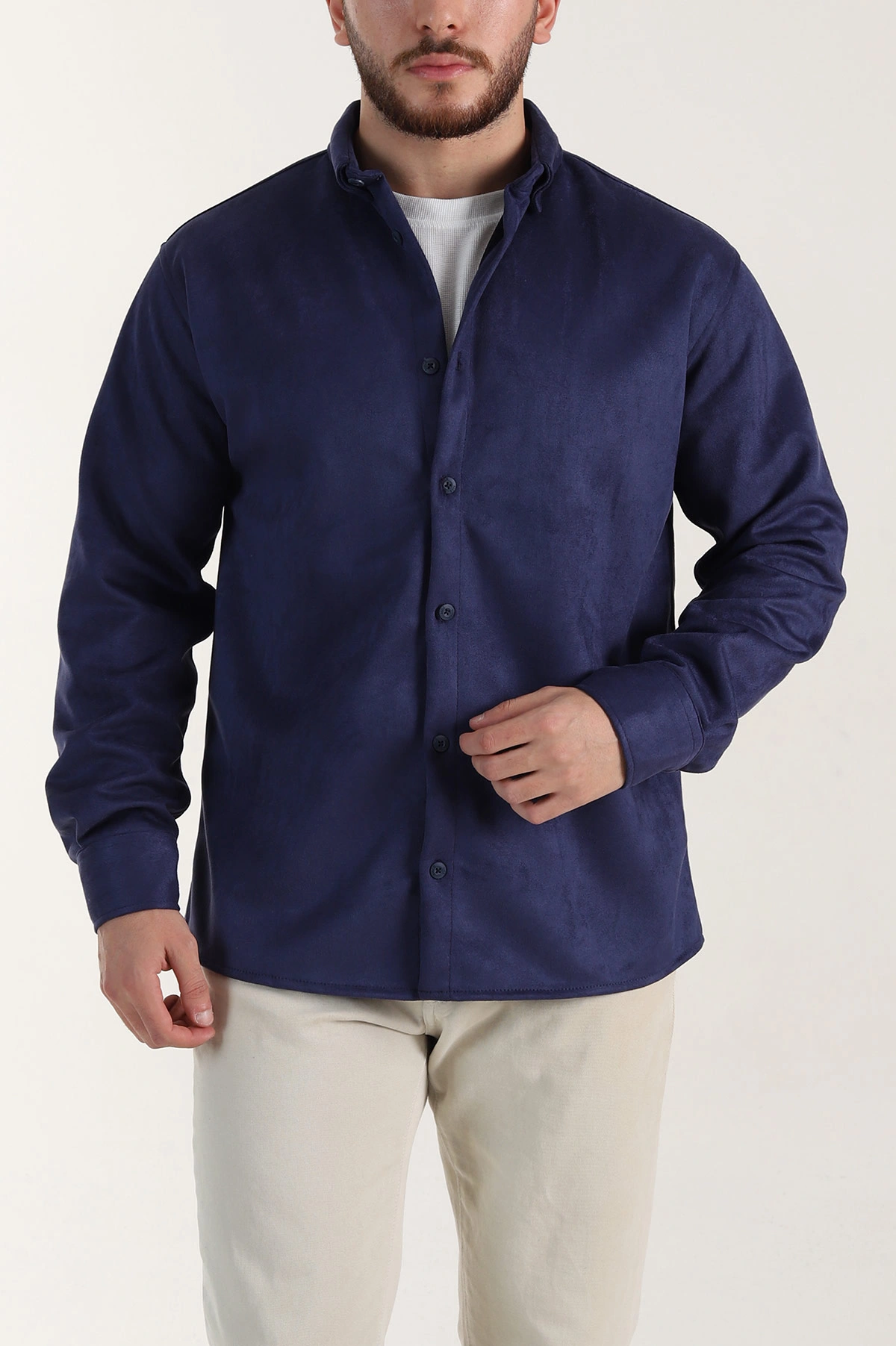 Lacivert Regular Fit Süet Ata Yaka Erkek Gömlek 400041