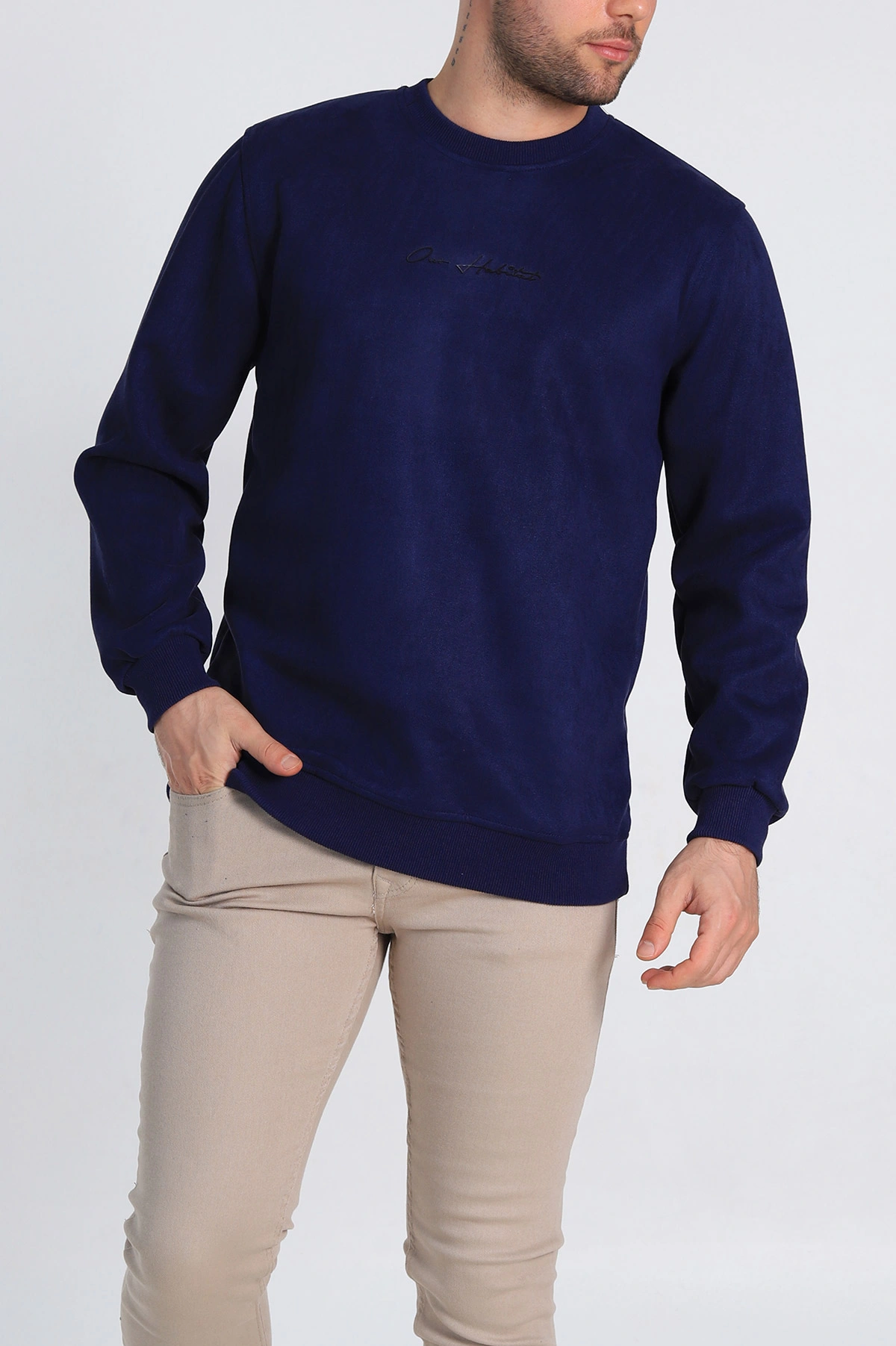 Lacivert Regular Fit Süet Kabartma Yazı Detaylı Erkek Sweatshirt 305859