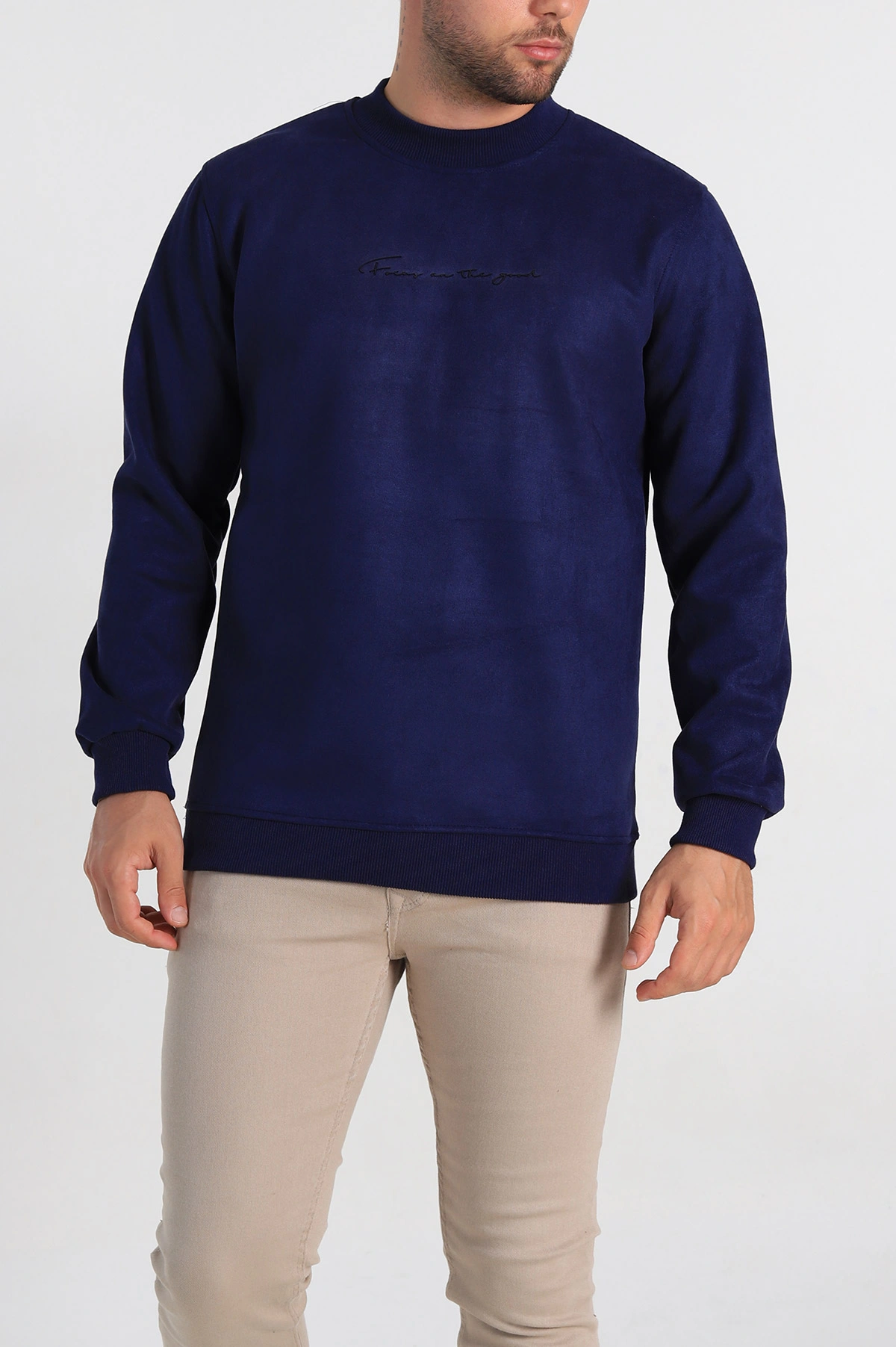 Lacivert Regular Fit Süet Kabartma Yazı Detaylı Erkek Sweatshirt 305899