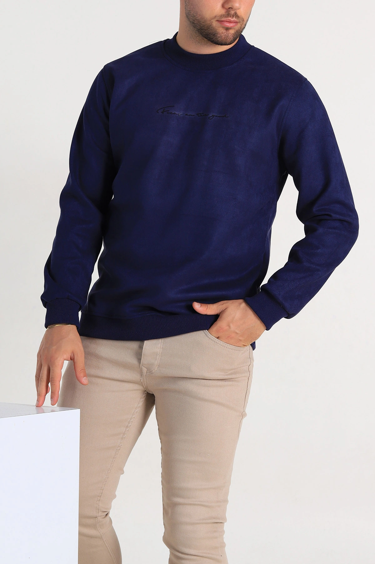 Lacivert Regular Fit Süet Kabartma Yazı Detaylı Erkek Sweatshirt 305899