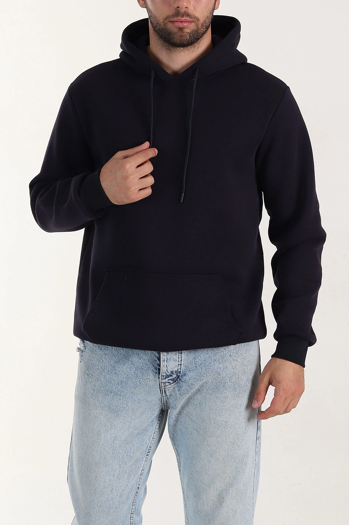 Lacivert Regular Fit Üç İp Şardonlu Erkek Kapüşonlu Basic Sweatshirt 400532