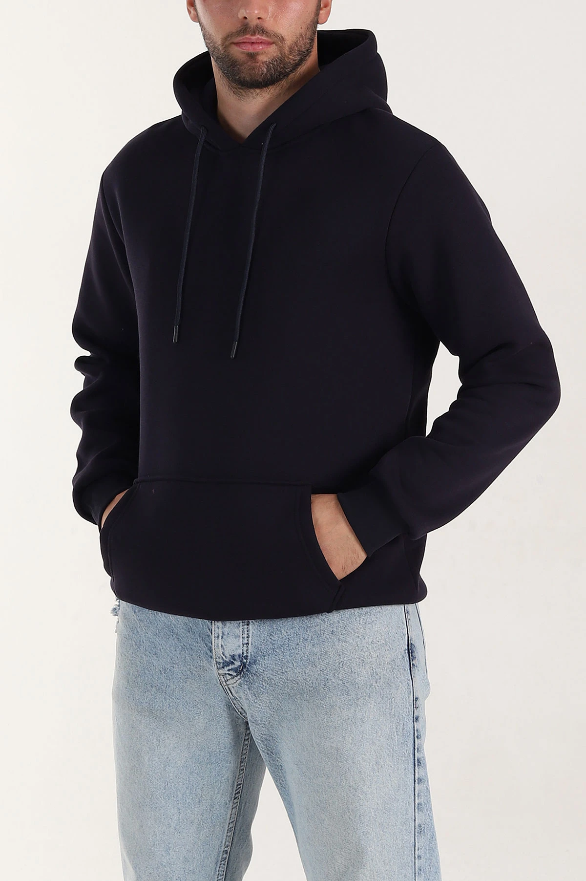 Lacivert Regular Fit Üç İp Şardonlu Erkek Kapüşonlu Basic Sweatshirt 400532