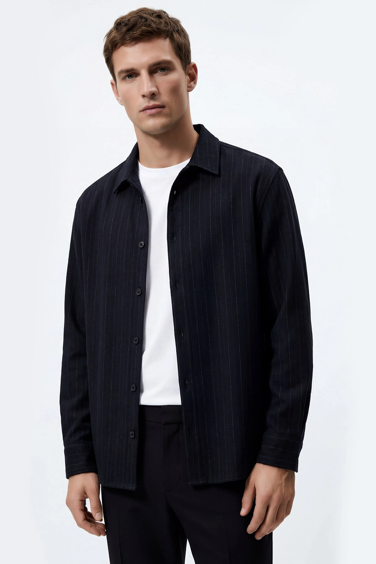 Lacivert Regular Fit Uzun Kollu Çizgili Erkek Gömlek 419345