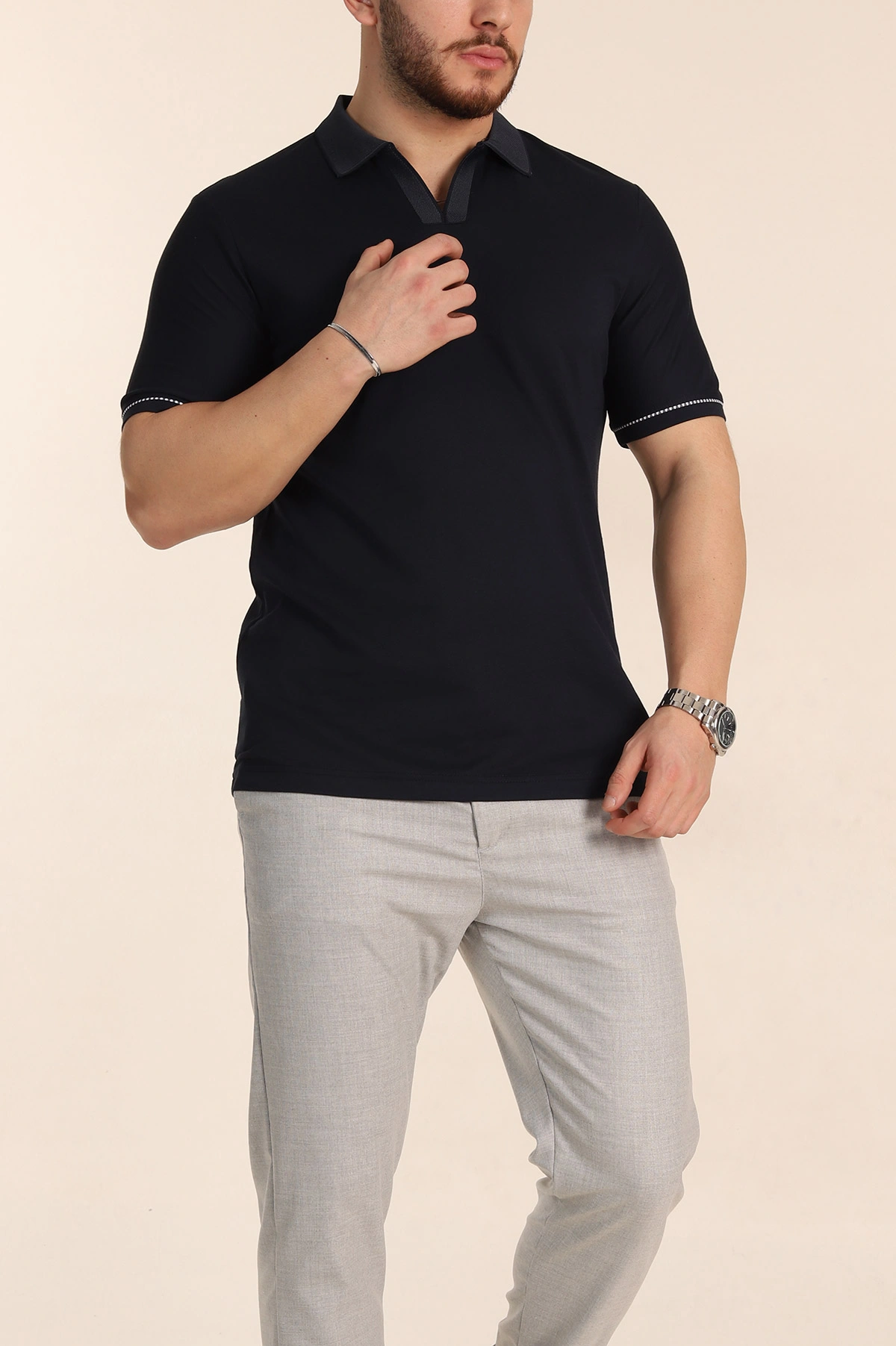 Lacivert Regular Fit V Patlı Polo Yaka Erkek Tişört 349807