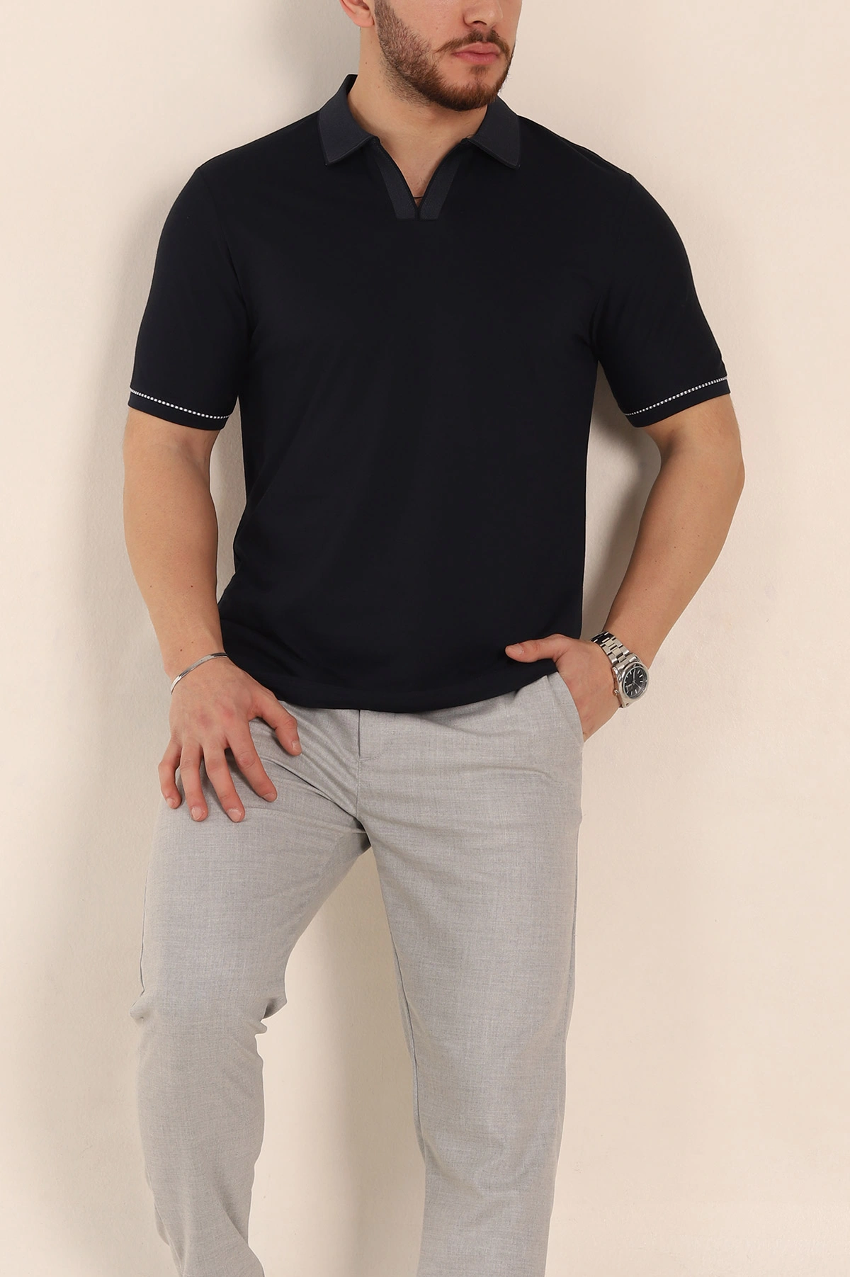 Lacivert Regular Fit V Patlı Polo Yaka Erkek Tişört 349807