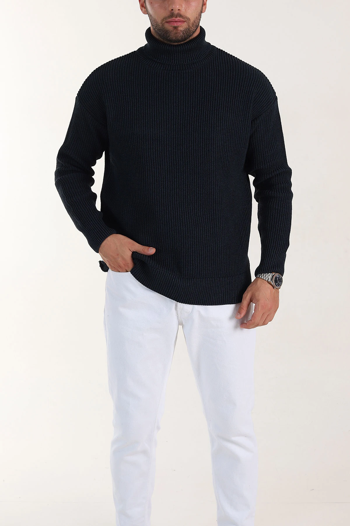 Lacivert Relaxed Fit Balıkçı Yaka Erkek Triko Kazak 397755