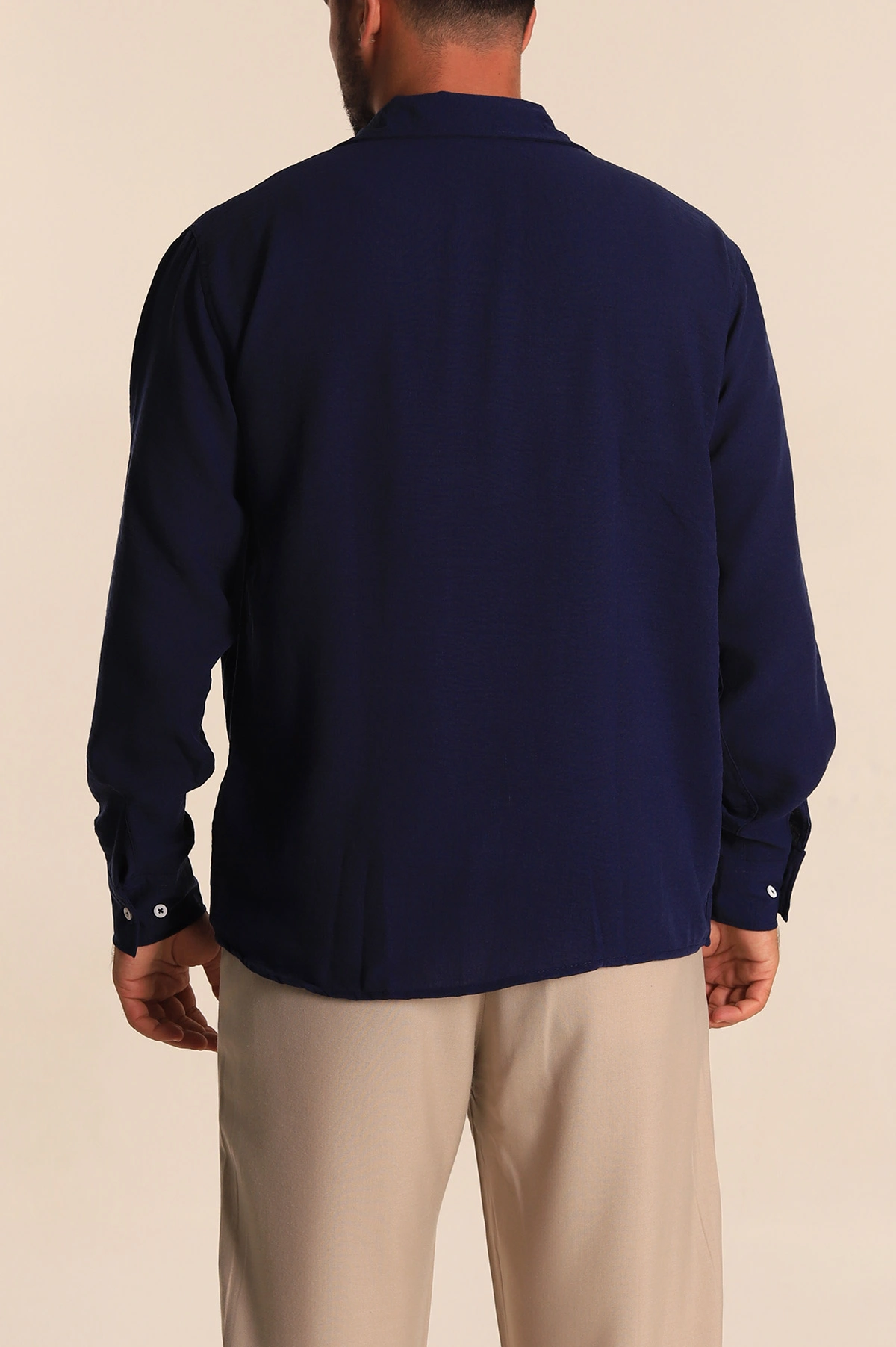 Lacivert Relaxed Fit Bambu Keten Apaş Yaka Erkek Gömlek 285489