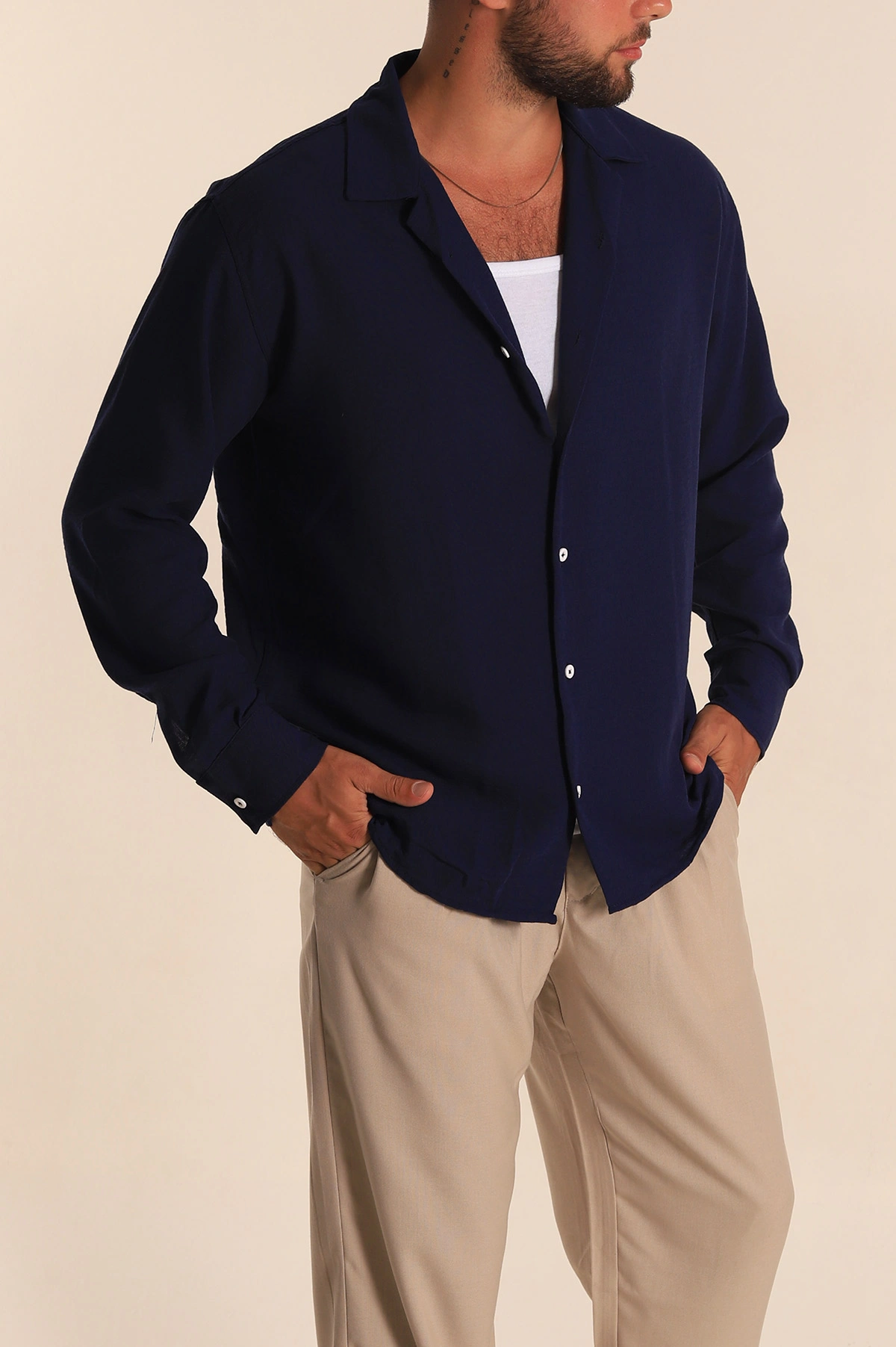 Lacivert Relaxed Fit Bambu Keten Apaş Yaka Erkek Gömlek 285489