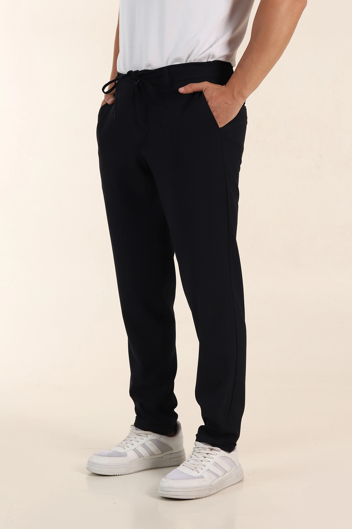 Lacivert Relaxed Fit Bel Bağlamalı Duble Paça Erkek Kumaş Pantolon 368387