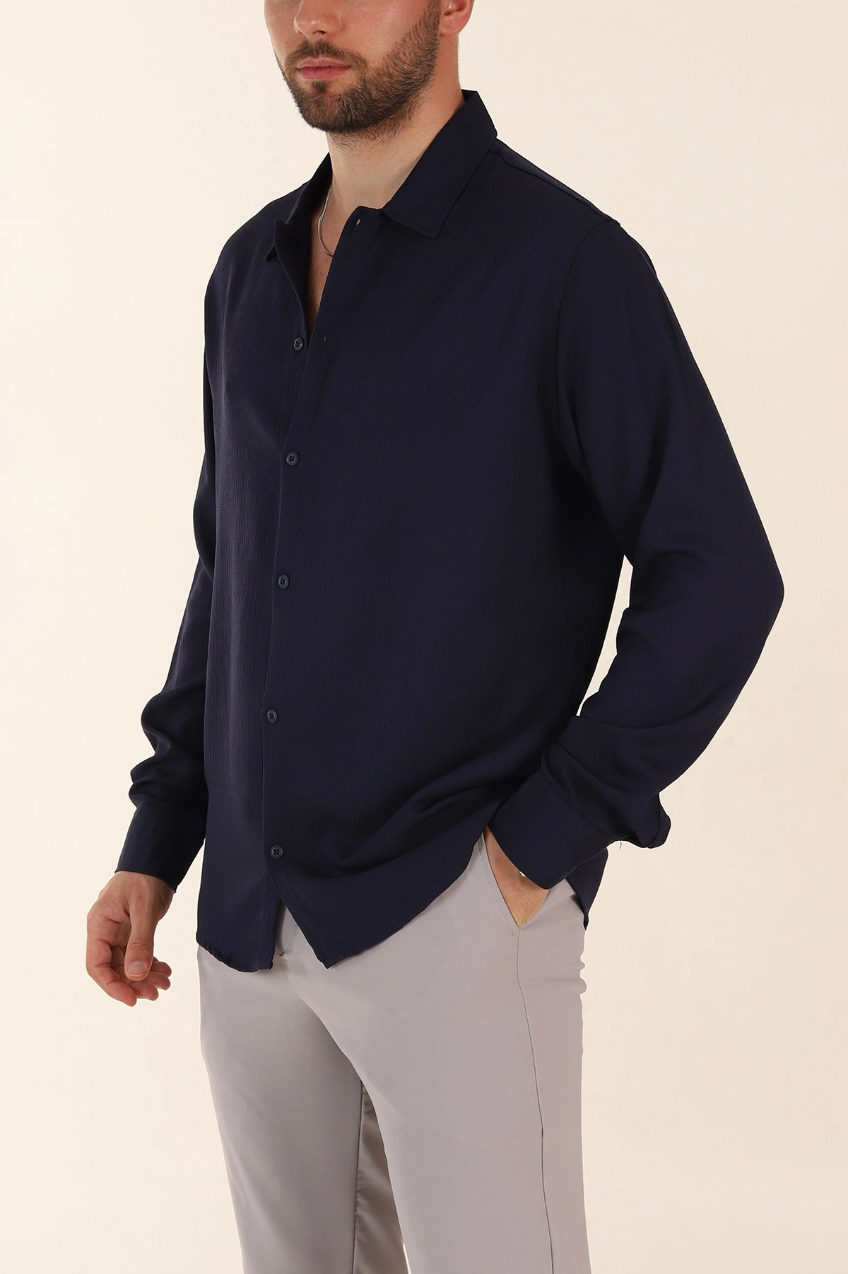 Lacivert Relaxed Fit Bürümcük Dokulu Uzun Kollu Erkek Gömlek 369319