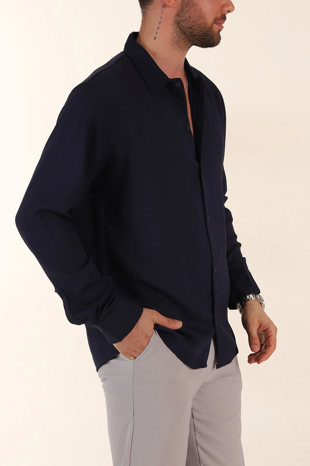 Lacivert Relaxed Fit Bürümcük Dokulu Uzun Kollu Erkek Gömlek 369319