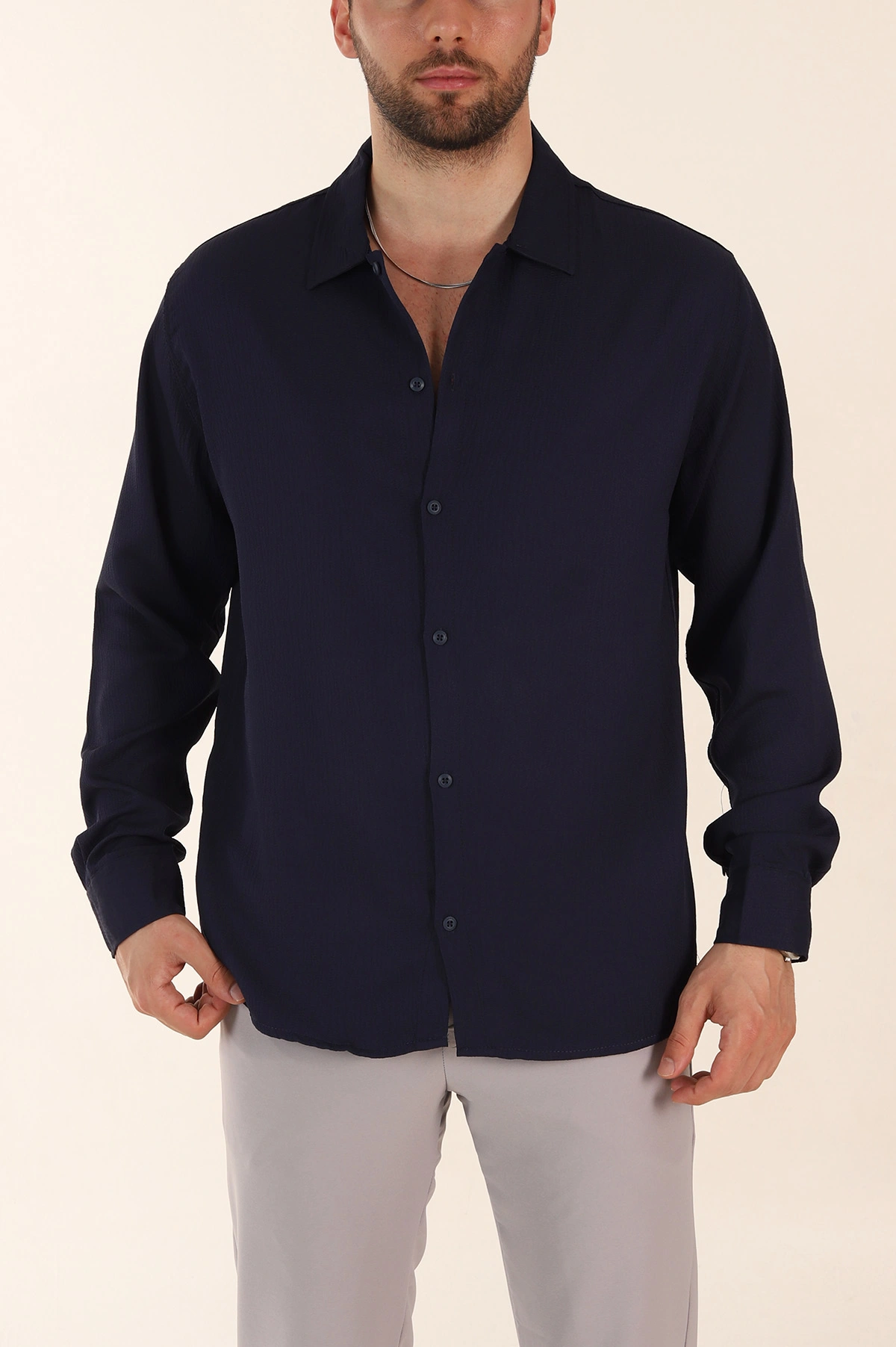 Lacivert Relaxed Fit Bürümcük Dokulu Uzun Kollu Erkek Gömlek 369319