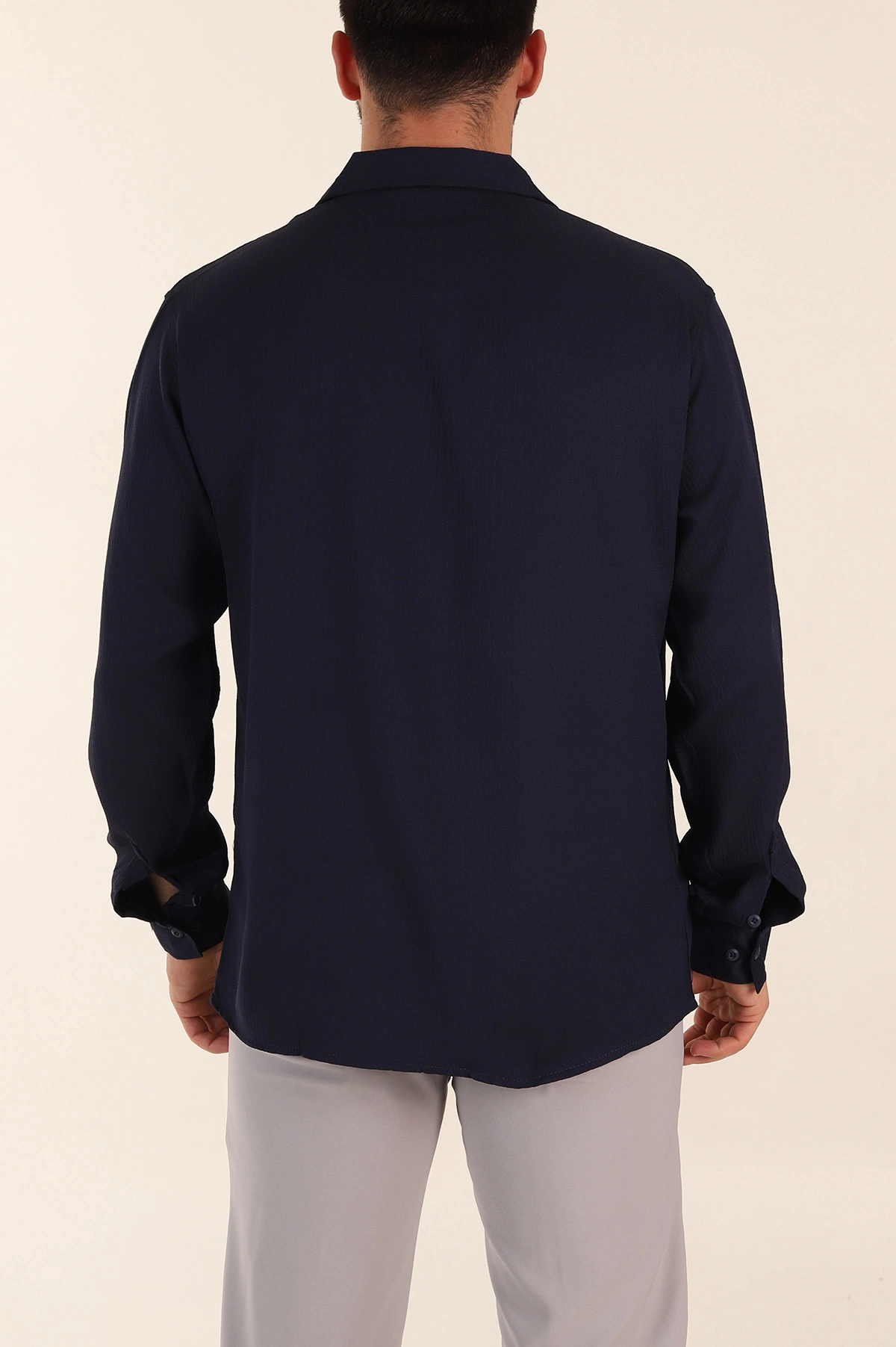 Lacivert Relaxed Fit Bürümcük Dokulu Uzun Kollu Erkek Gömlek 369319