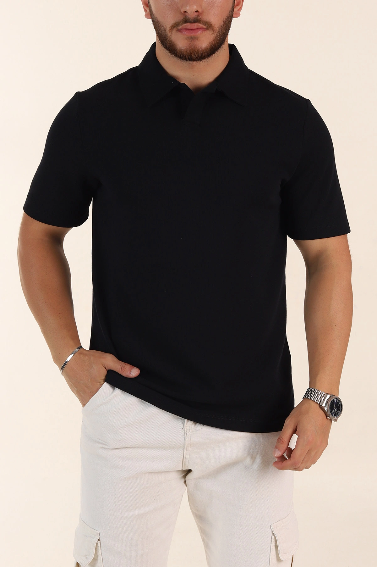 Lacivert Relaxed Fit Çelik Örme Polo Yaka Erkek Tişört 368875