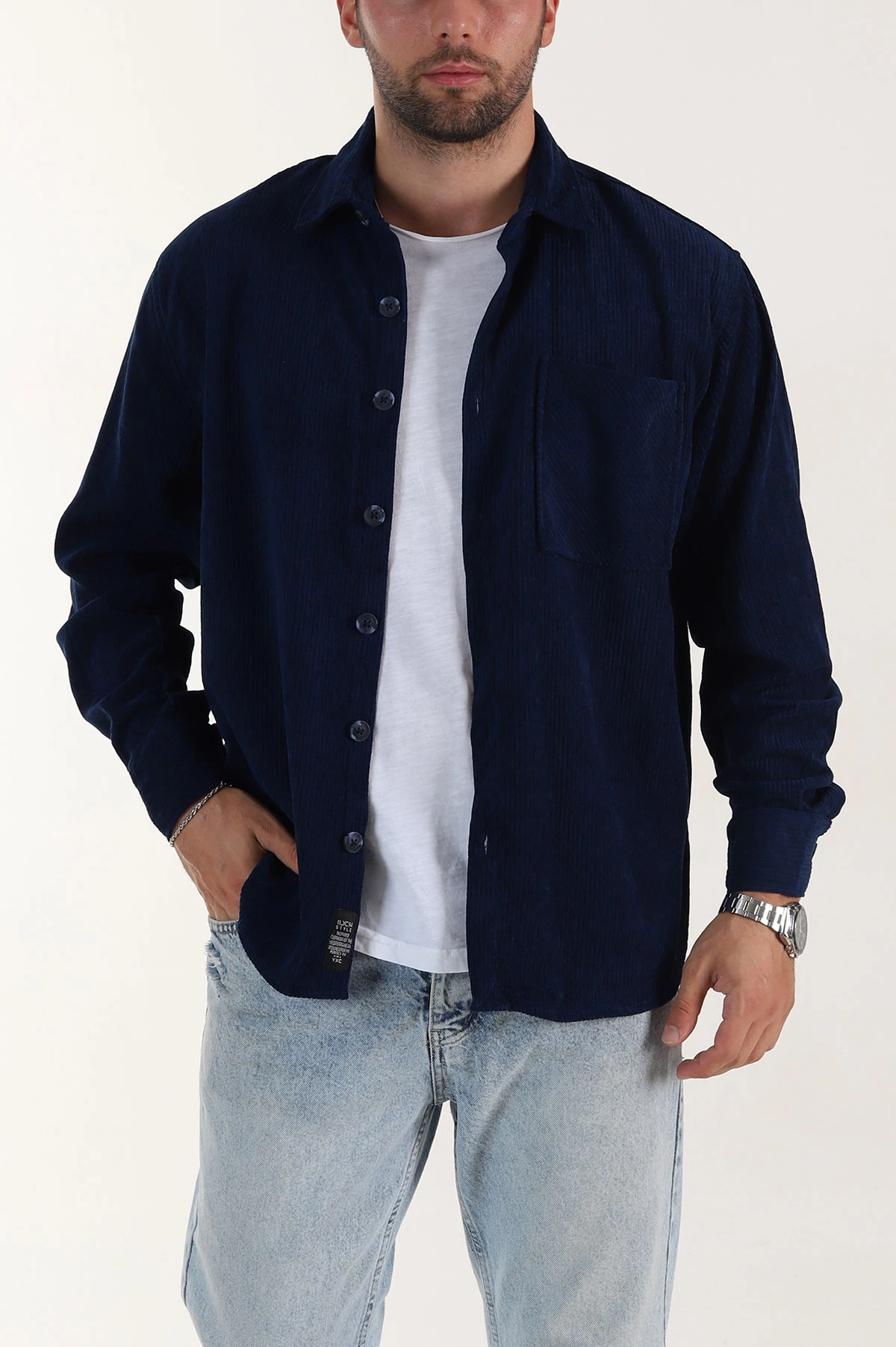 Lacivert Relaxed Fit Cep Detaylı Kalın Fitilli Kadife Erkek Gömlek 397930