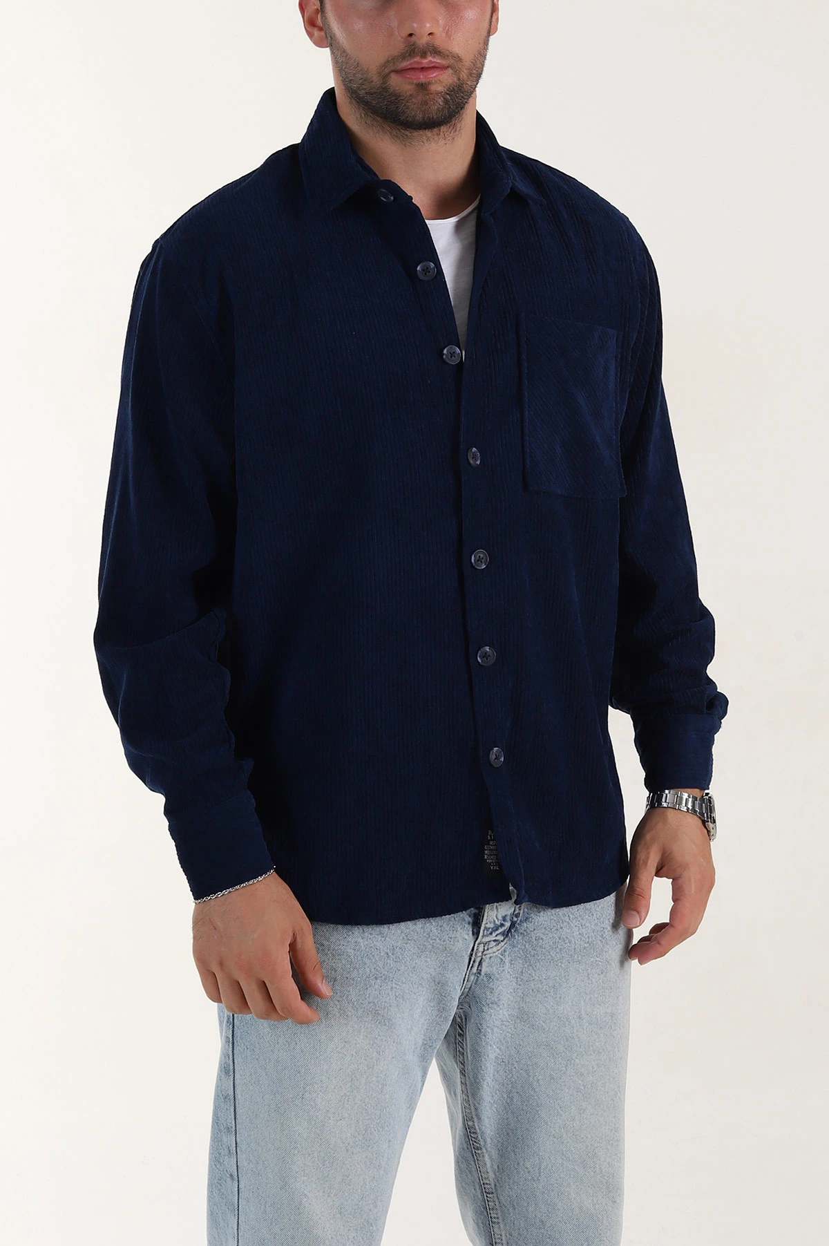 Lacivert Relaxed Fit Cep Detaylı Kalın Fitilli Kadife Erkek Gömlek 397930