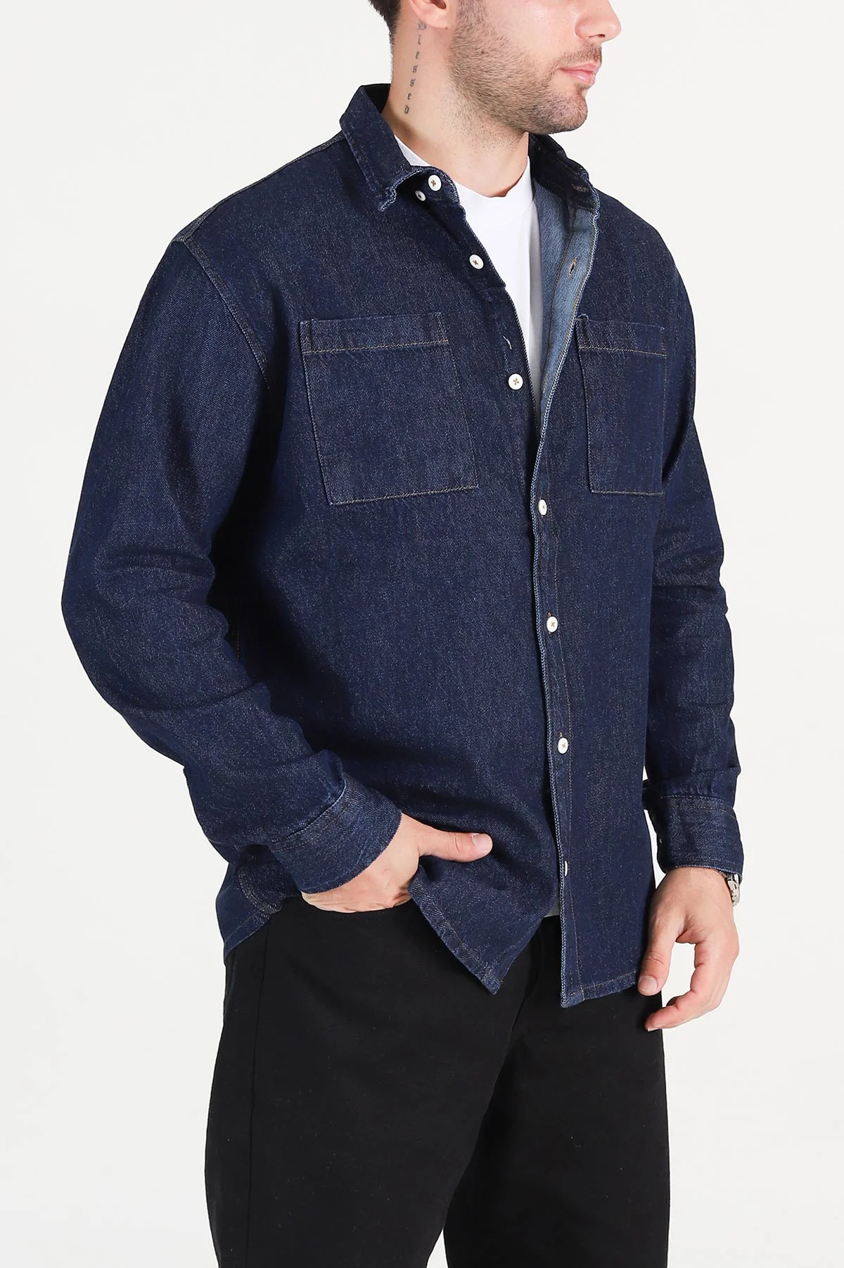 Lacivert Relaxed Fit Çift Cep Detaylı Erkek Kot Gömlek 400105