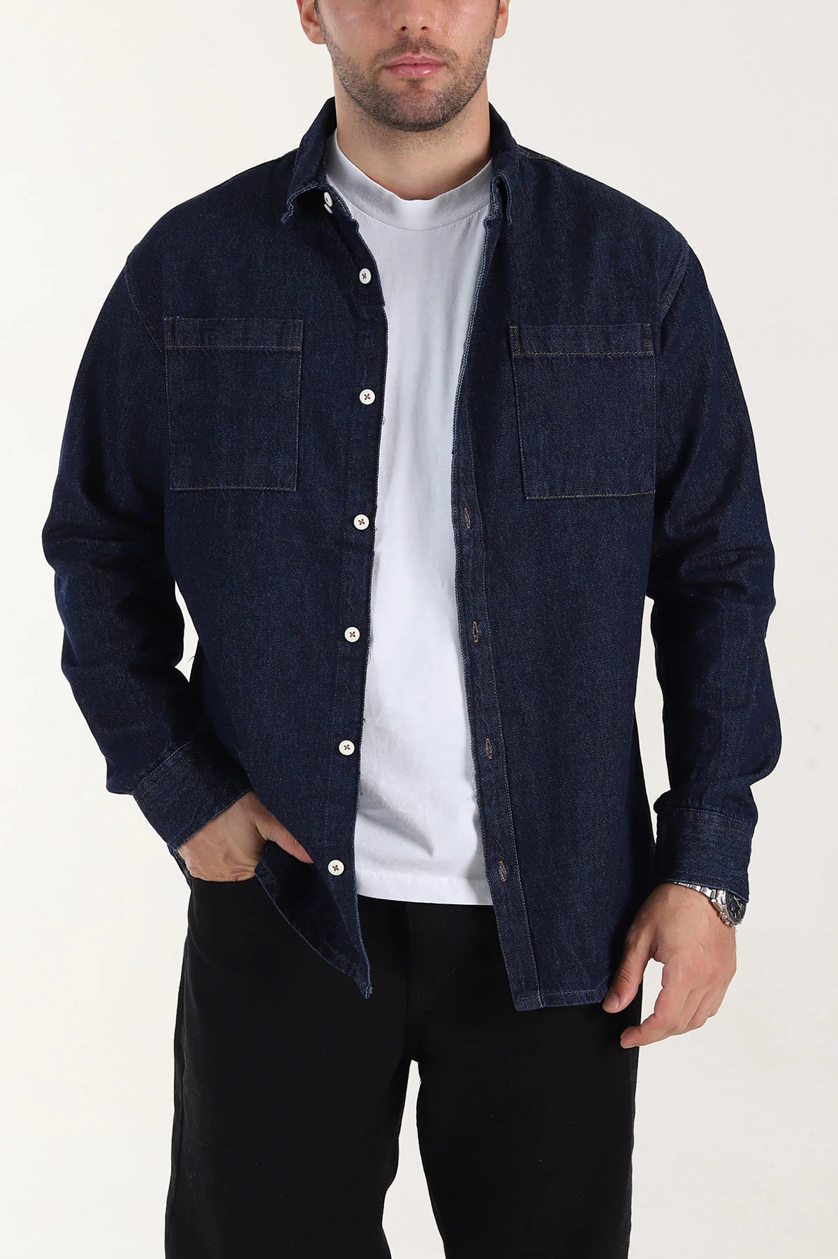Lacivert Relaxed Fit Çift Cep Detaylı Erkek Kot Gömlek 400105